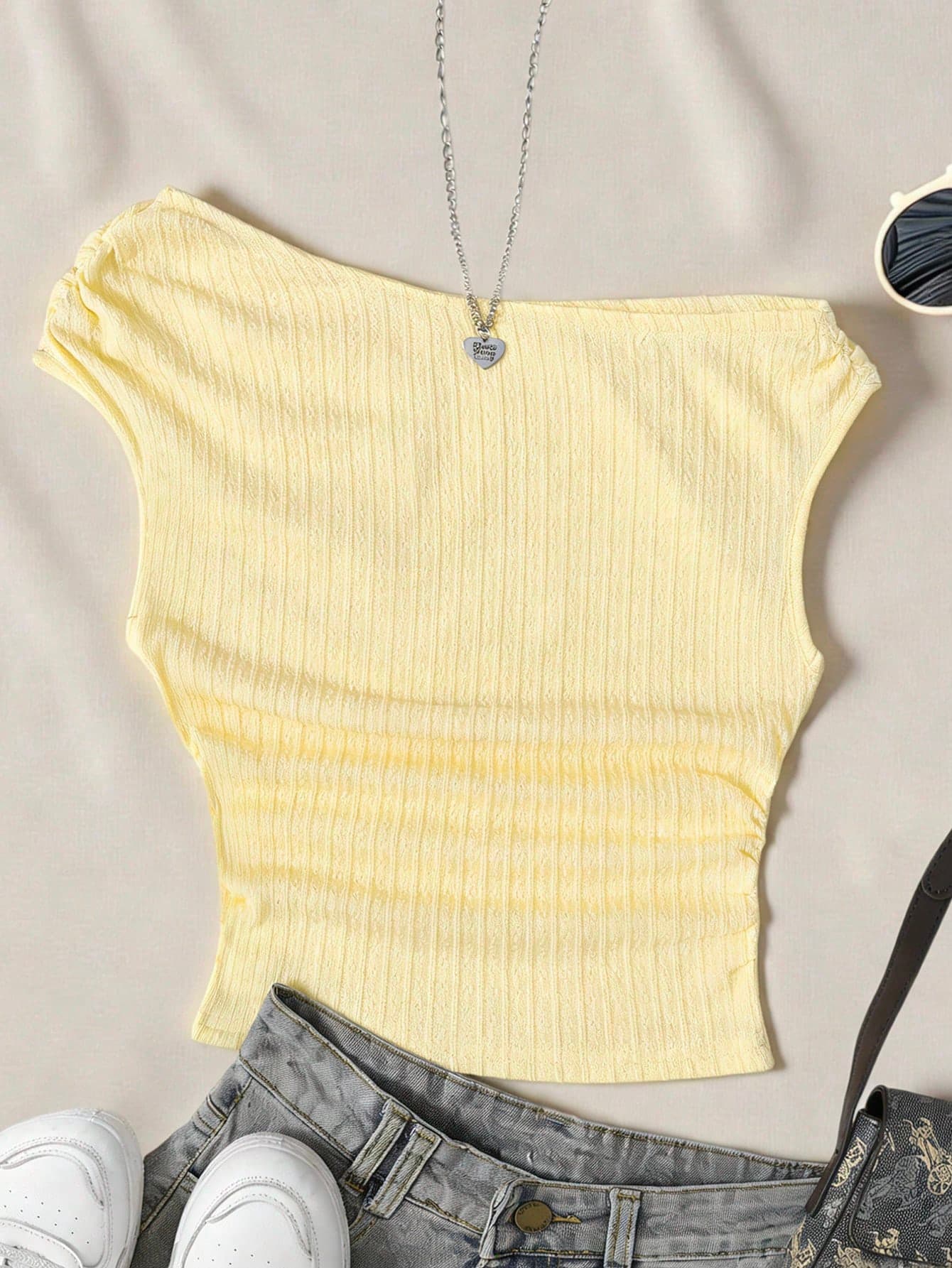 SHEIN Teen Girl Casual Asymmetric Shoulder Textured Fabric Tank Top