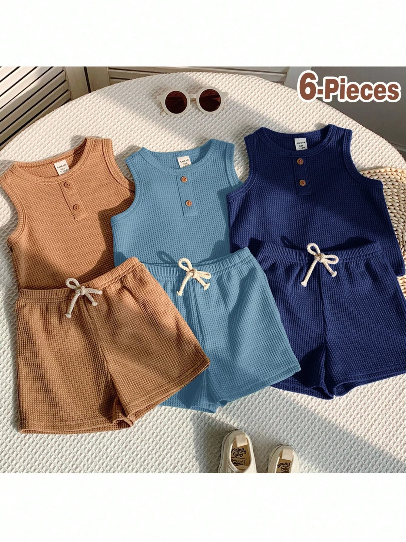 Loomiva 6pcs/Set Baby Boy Cute Casual Knit Top & Shorts Set, Basic Multi-Pack, Summer