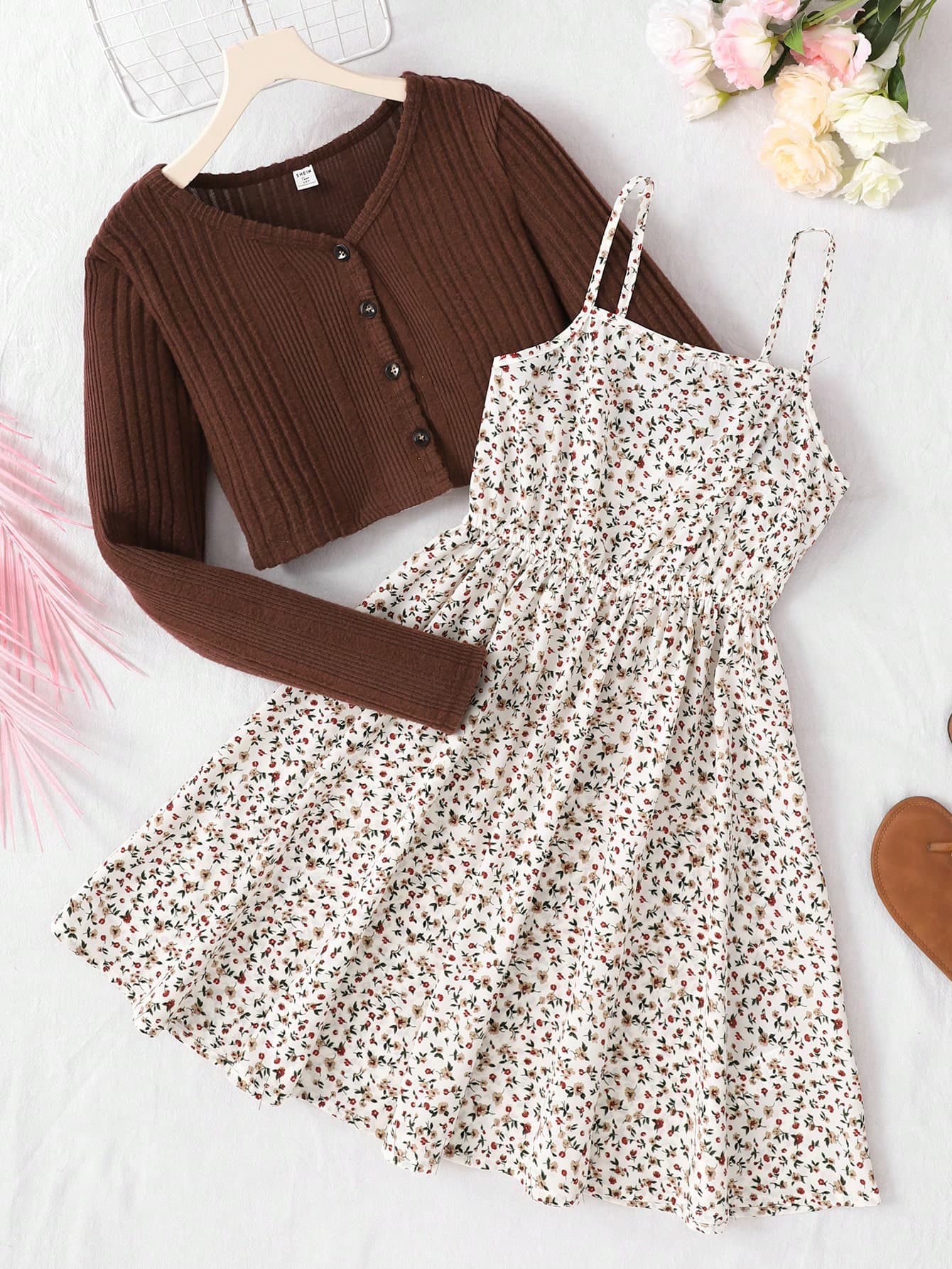 SHEIN Teen Girls 2-Piece Set: Brown Ribbed Knit Cardigan Jacket & Ditsy Floral Cinched Waist Slip Dress, Vintage Casual Holiday Outfit