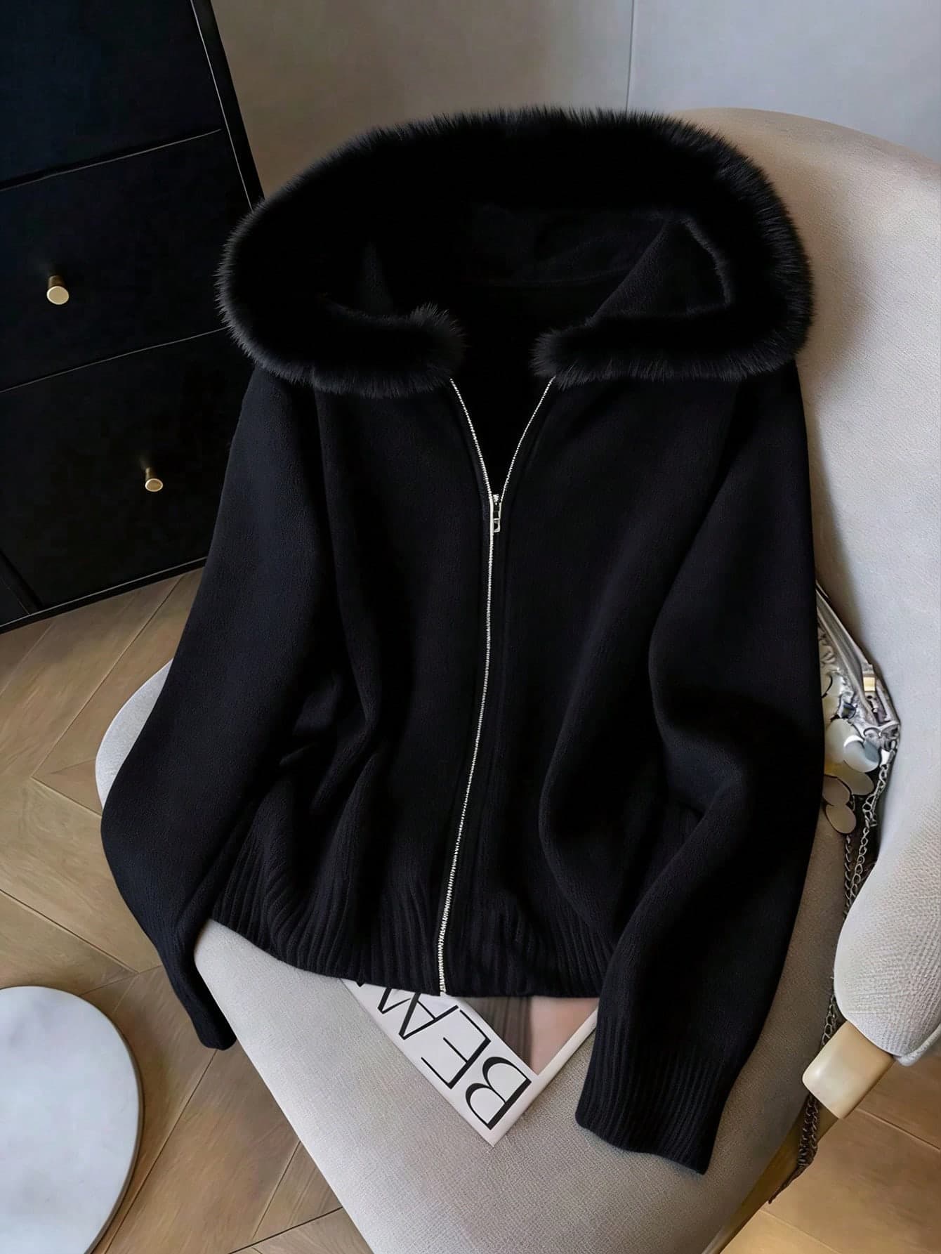 GlowEve CURVE Plus Size Elegant Winter Black Fluffy Hooded Knit Cardigan, Formal Evening Everyday Gentle Cream Fluffy Brim, Zipper Design Simple Warm Slouchy Vibe