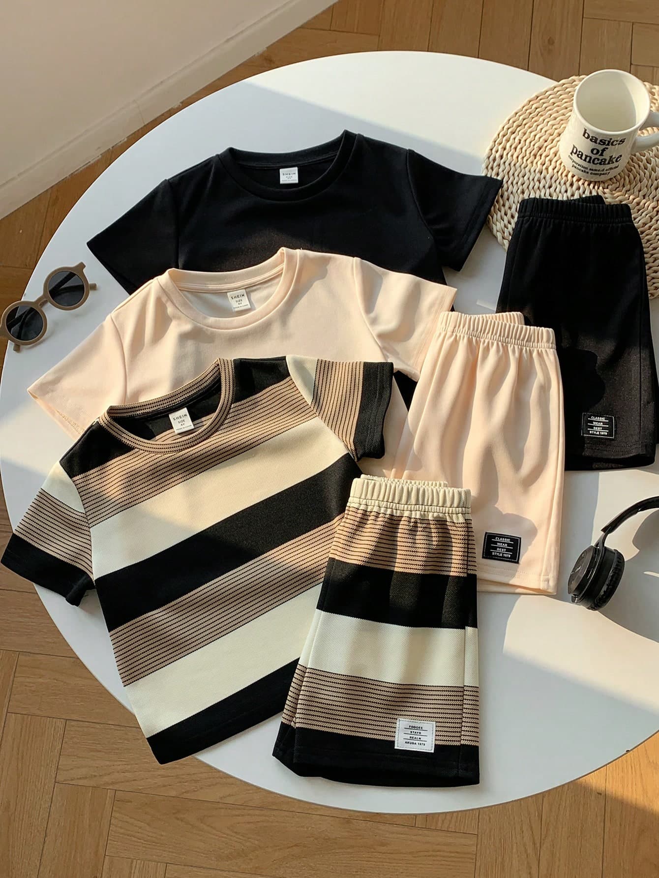 SHEIN Kids Young Boy/Girl, Young Boy Unisex 3pcs Spring/Summer Casual Versatile Striped And Solid Color Short Sleeve T-Shirt Multi-Pack