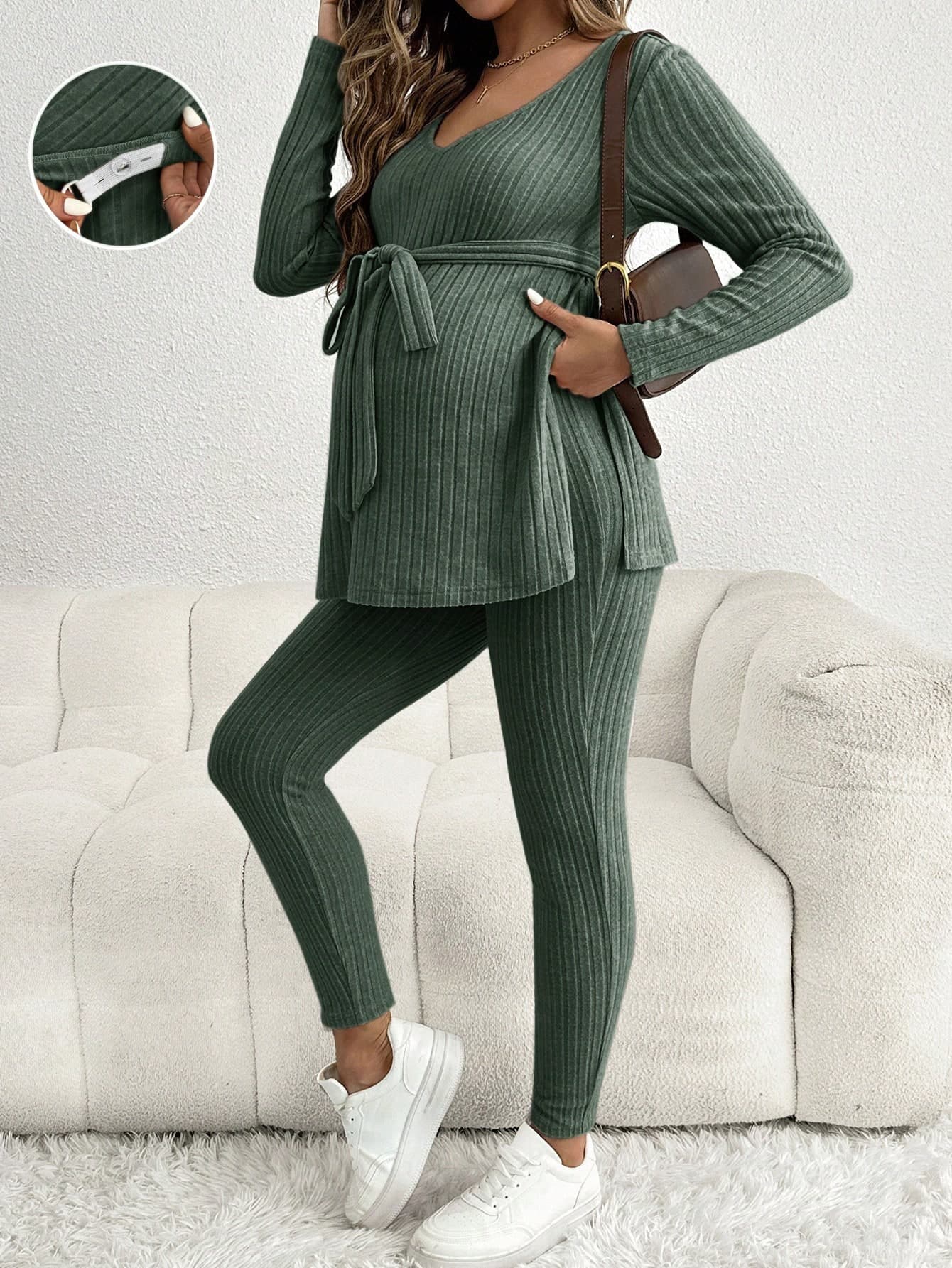 SHEIN 2pcs/Set Casual Maternity V-Neck Long Sleeve T-Shirt And Adjustable Waist Leggings,Sage Green Autumn Comfy 2 Pieces Lounge Sets For Photoshoot