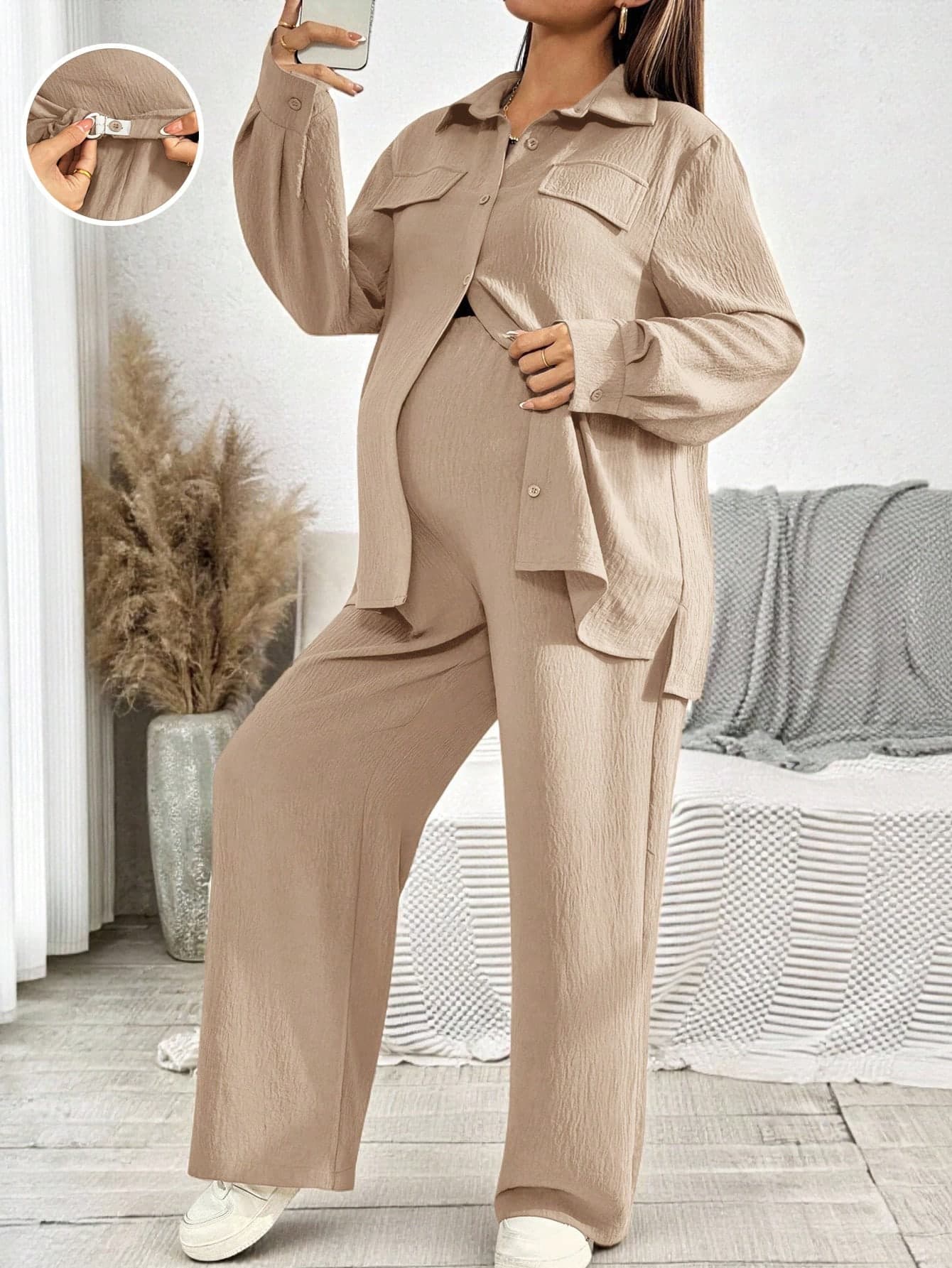 SHEIN 2pcs Maternity Casual Solid Color Shirt And Pants Set, Autumn Modest Two Piece Clothes Suits Suit Beige Comfortable Fall