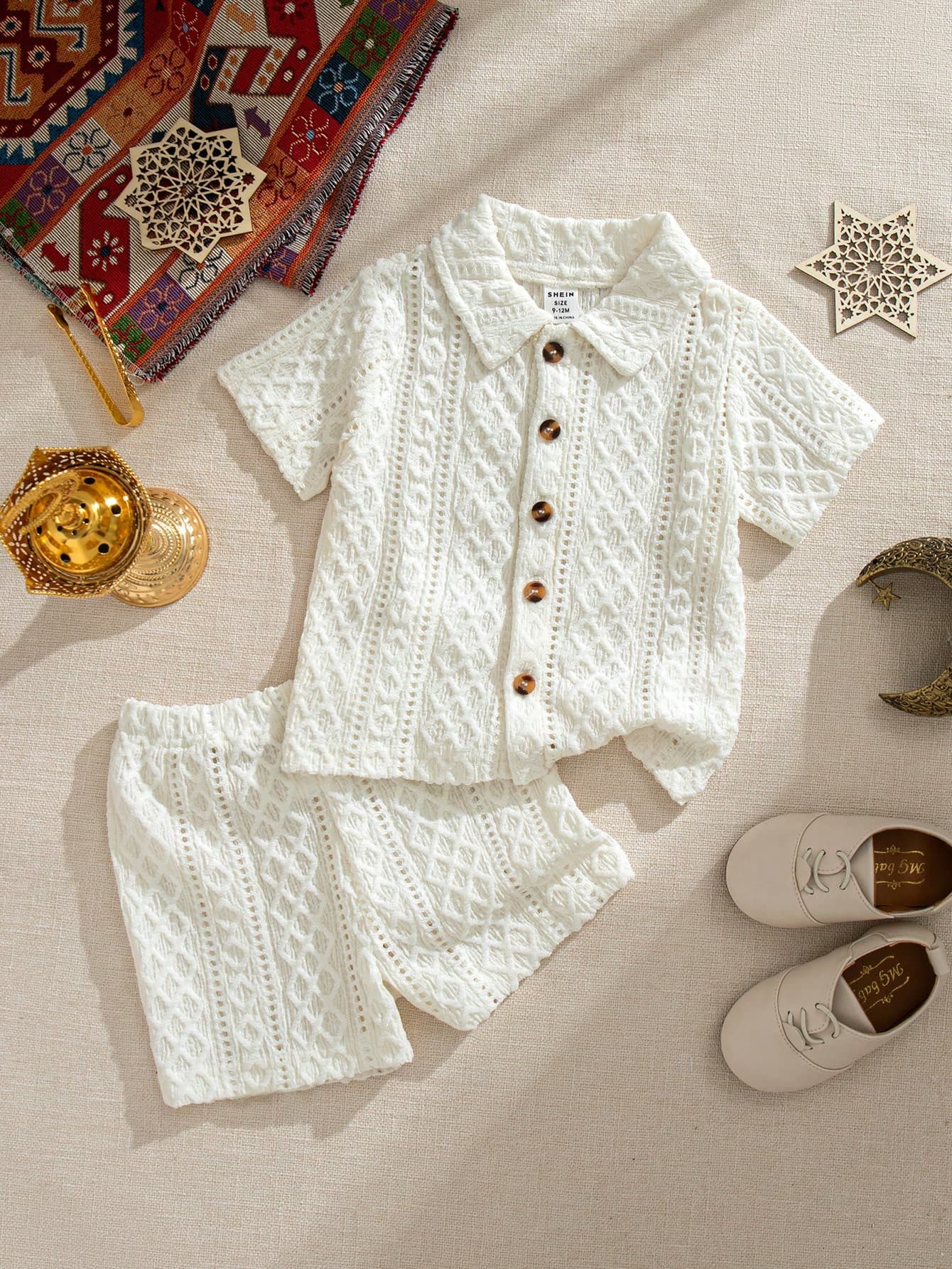 SHEIN Souflis Unisex Newborn-1 Year Old Baby Outfit,Off-White Textured Short Sleeve Shirt And Shorts Set,Summer Boho Casual Vacation Al-Adha Toddler Knit Boy