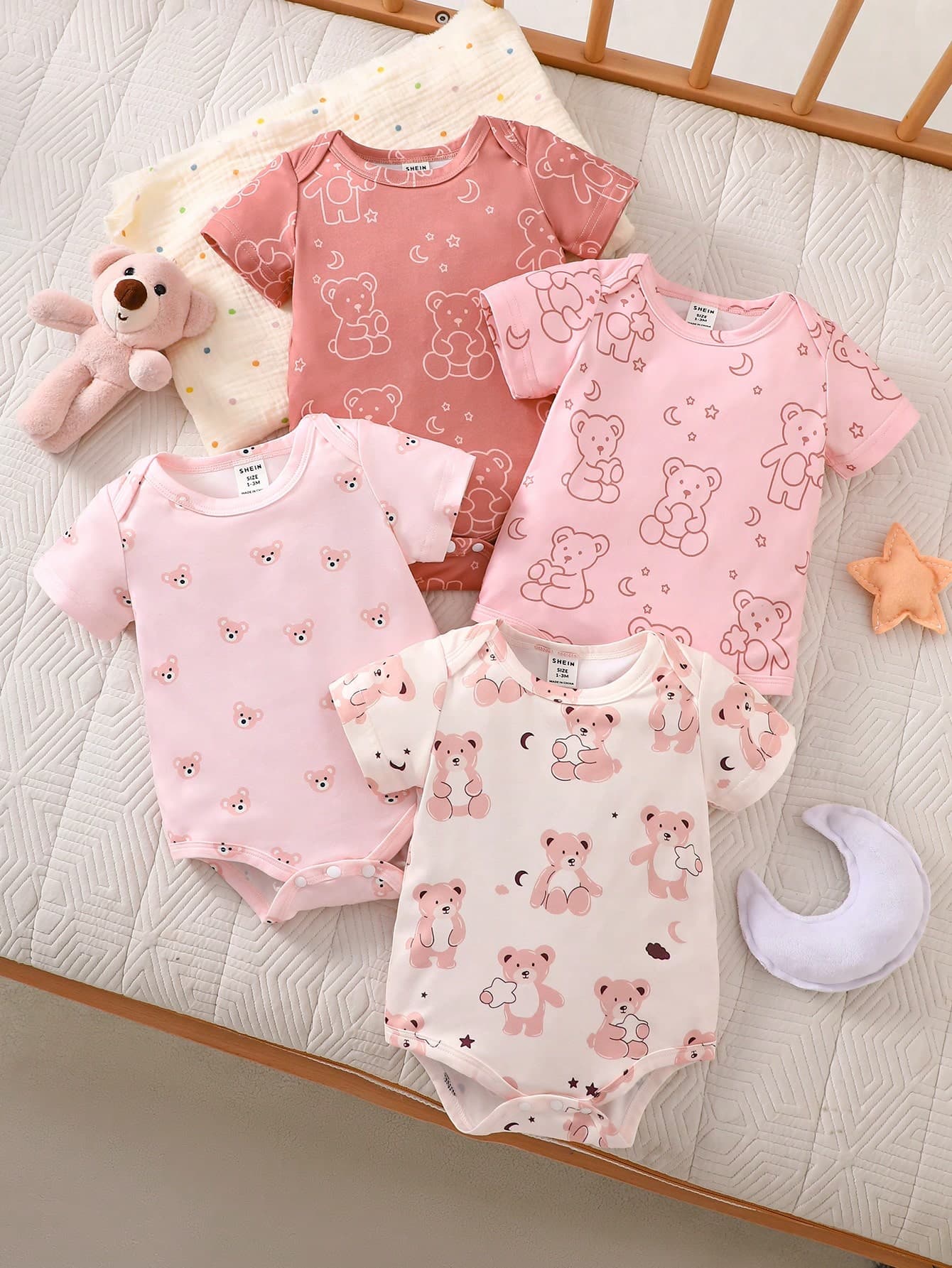 SHEIN 4pcs/Set Newborn Baby Boys' Casual Short Sleeve Rompers, Comfortable & Minimalist, Summer