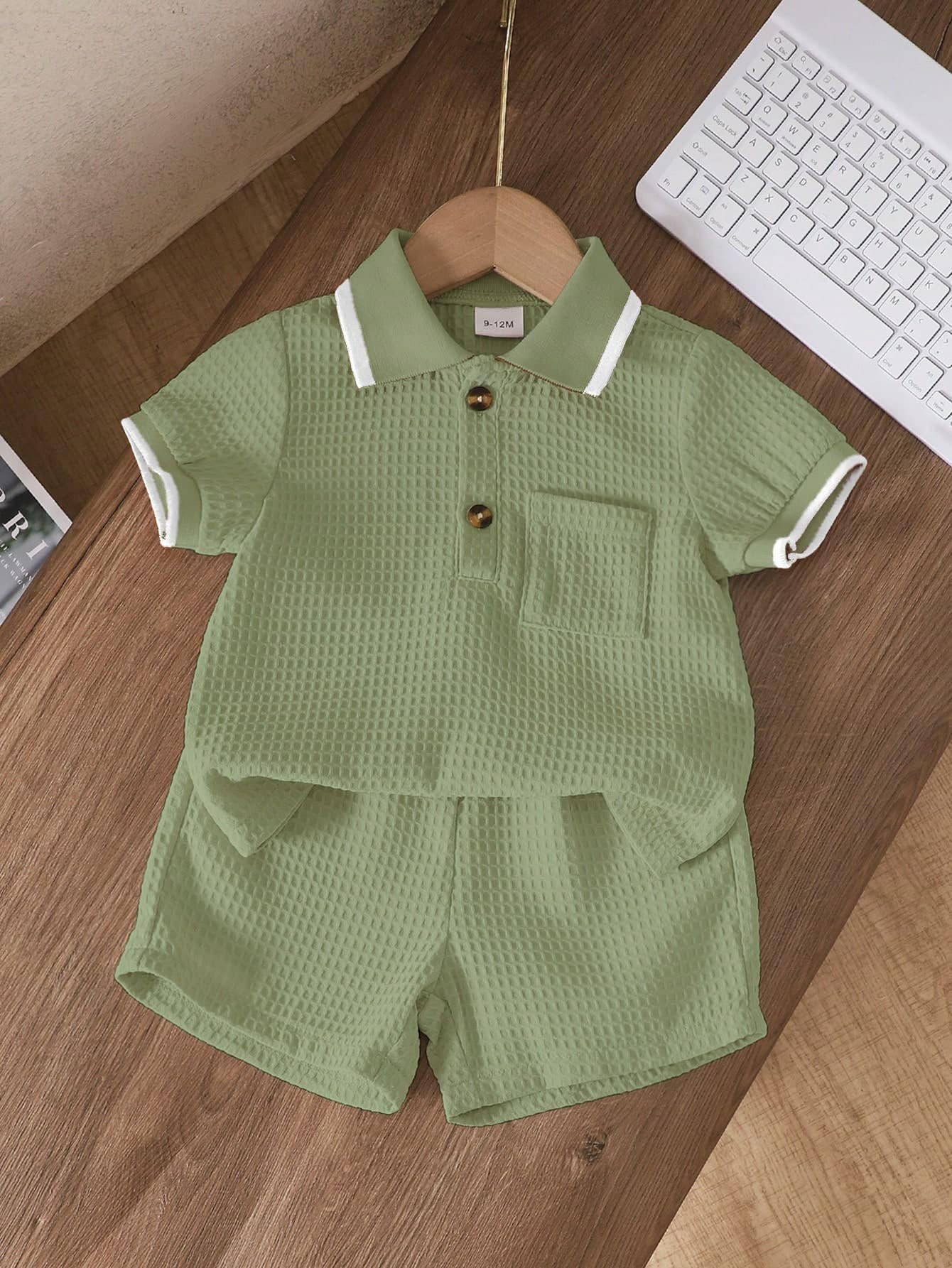 Souflis Souflis 2pcs Infant Baby Boy Sage Green Summer Casual Family Matching Outfits Loose Fit Button Polo Shirt Contrast Ribbed Cuffs Elastic Waist Shorts Set 3M-3T