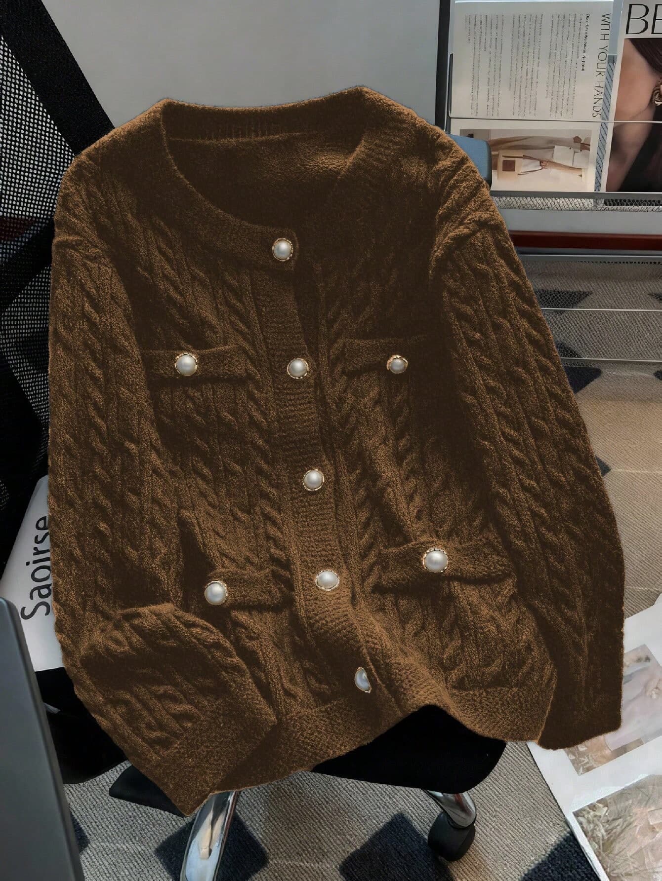 GlowEve CURVE Women's Elegant French Style Chocolate Brown Cardigan,Autumn Office Button Up Loose Fit Plus Size Sweater,Casual Long Sleeve Outerwear For Wedding