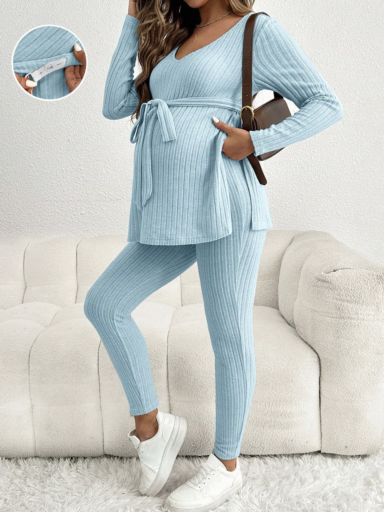 SHEIN Casual Solid Color Side Slit Top And Pants 2 Pieces Set For Pregnant Women Blue Piece Lounge Sets Woman Maternity Clothes Two Suits Baby Outfit