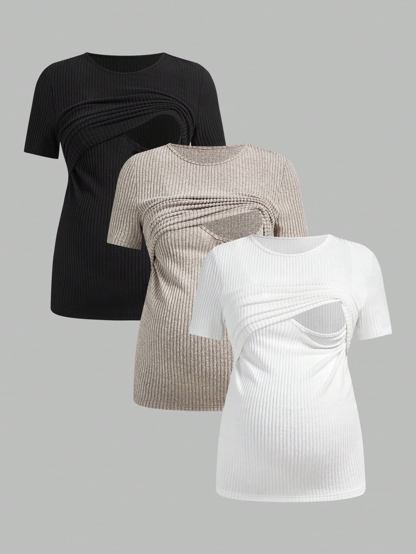 SHEIN Maternity Solid Color Round Neck Short Sleeve Casual Nursing Top Casual 3pcs Nursing Top Breastfeeding Top World Cup