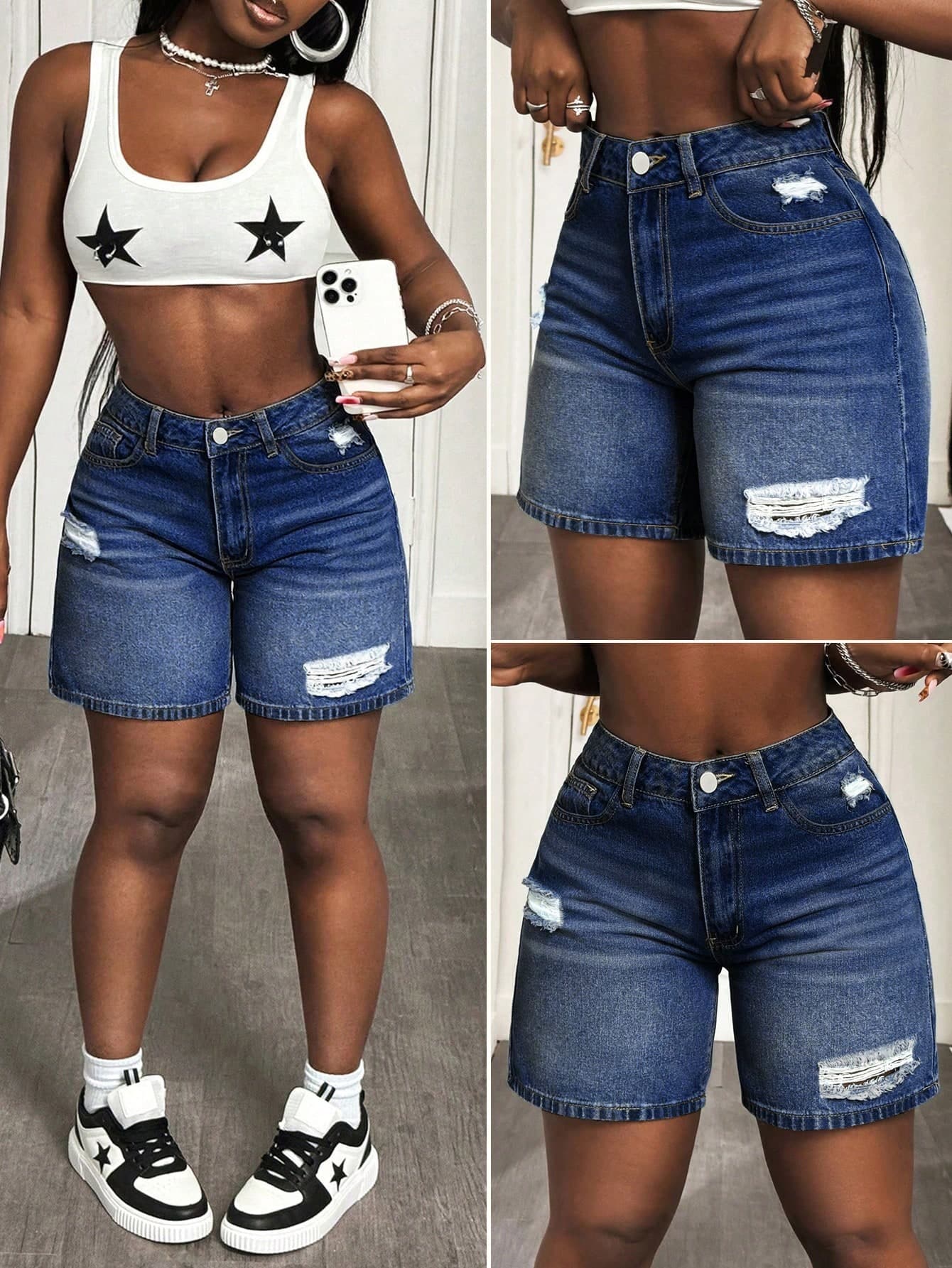 Slaydiva Plus Size Women Distressed Denim Skinny Fashionable Sexy Shorts