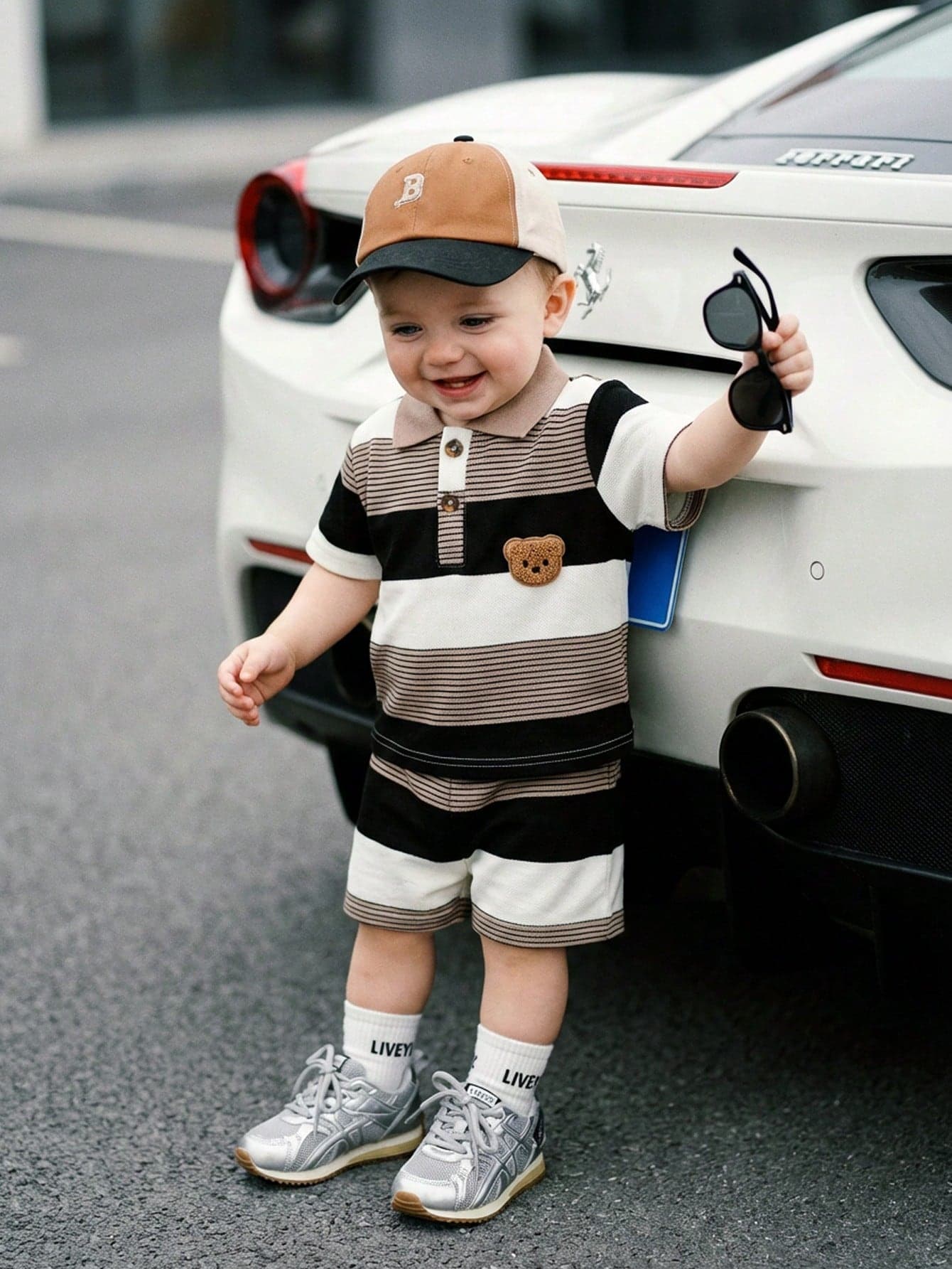 SHEIN Playful Pals Baby Boy Summer Outfit Cute Bear Embroidered Badge Asymmetric Striped Polo Shirt And Shorts Set Infant Clothes Black And White Checkered Summer Beach