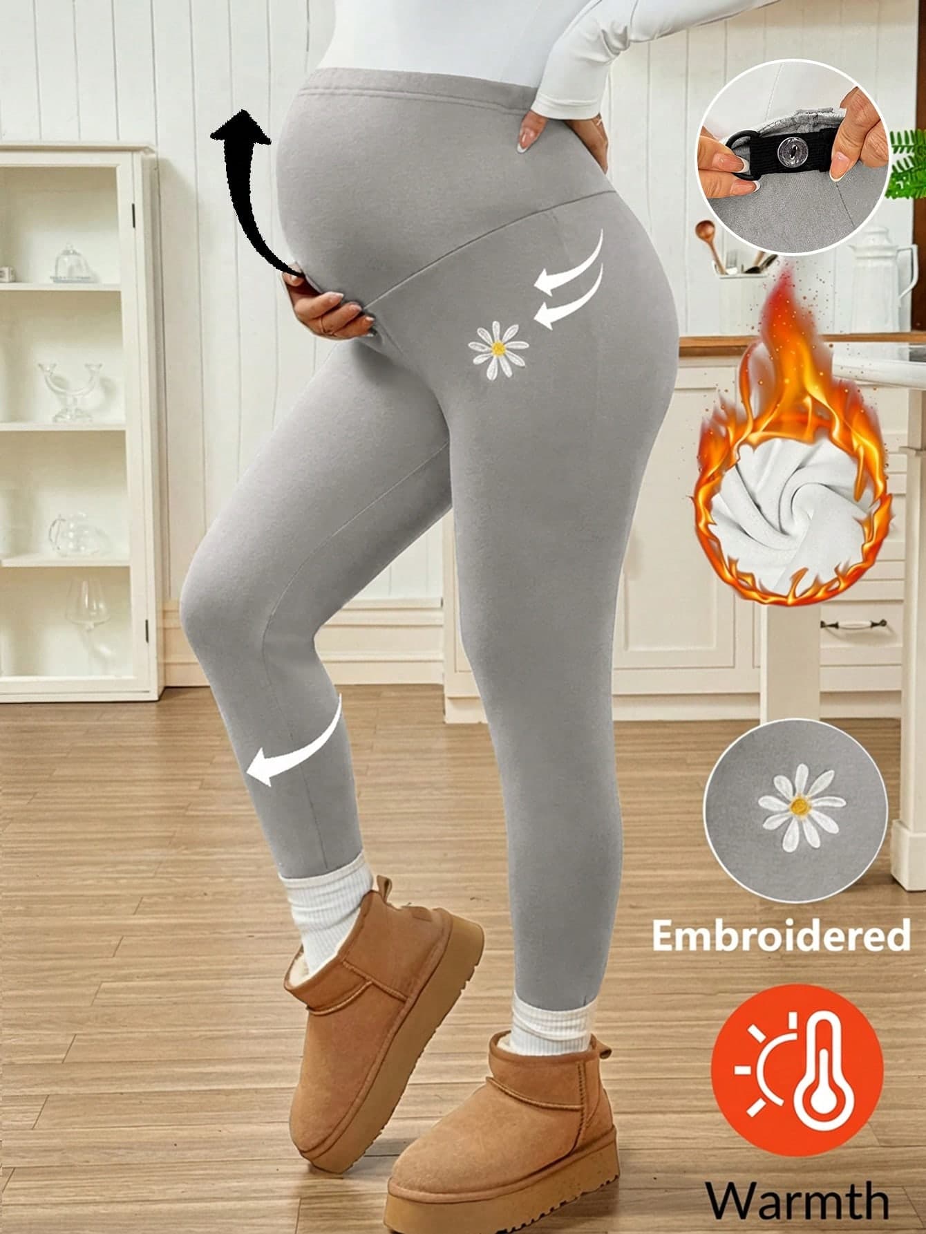 SHEIN Maternity Casual Winter Leggings,Pregnancy Pants For Going Home From Hospital,Butterfly Embroidered Thermal Lined Plus Size Clothes,White Flowy Grey