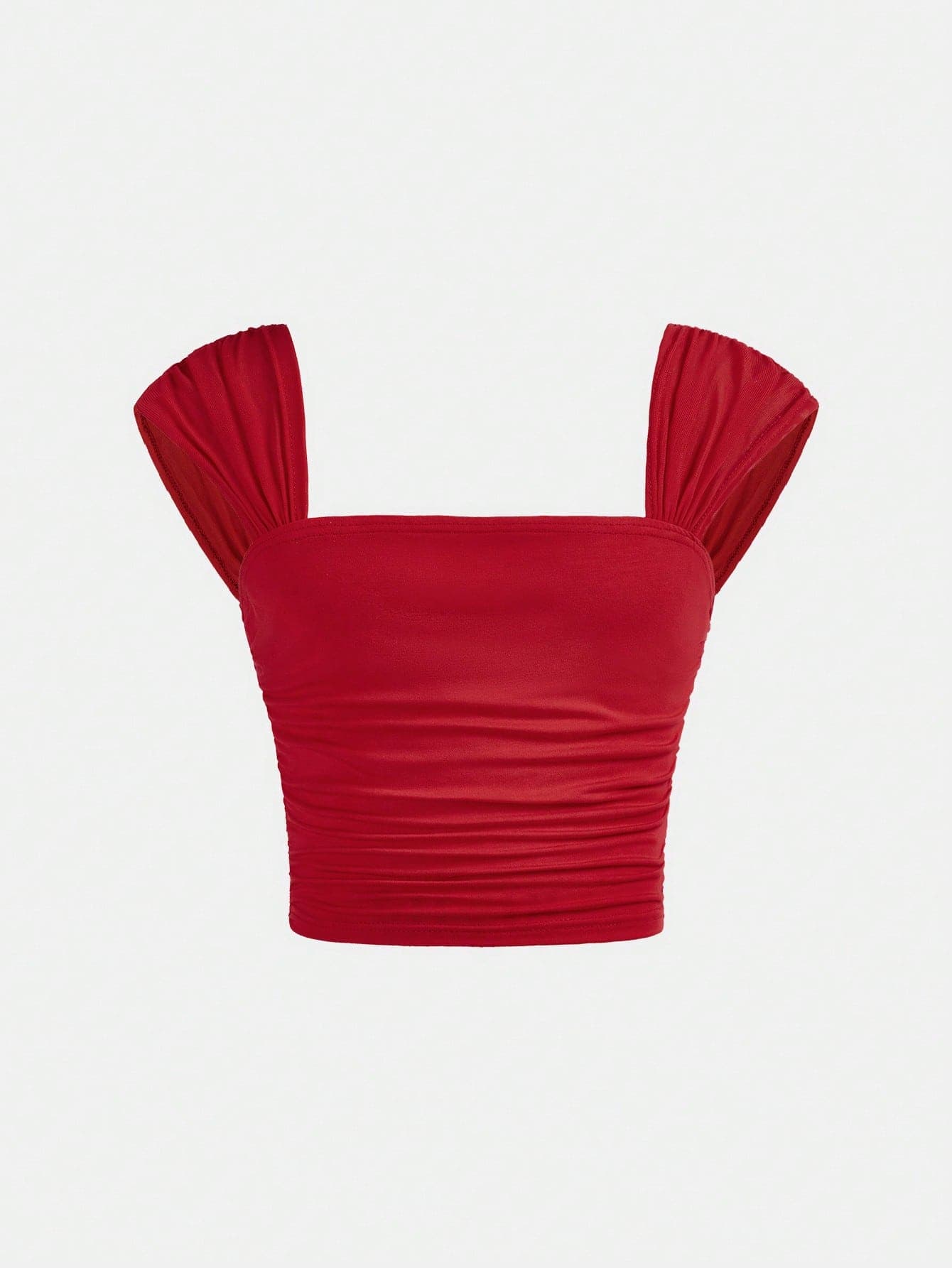 SHEIN Tween Girl Casual Elegant Solid Color Square Neck Ruched Cap Sleeve Fitted Mesh Patchwork Tank Top T-Shirt Back To School Graduation Prom Halloween Party KIDS