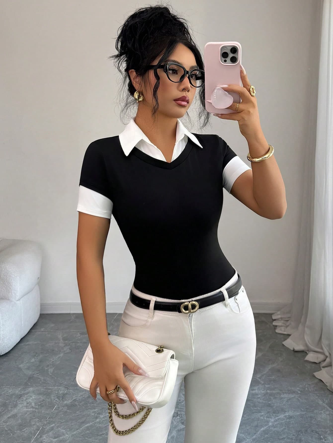 SHEIN Elenzya Women's Elegant Effortless Chic Black And White Contrast Collared V-Neck Fitted Short Sleeve T-Shirt Top,Summer School Back-To-School Work Daily Wear