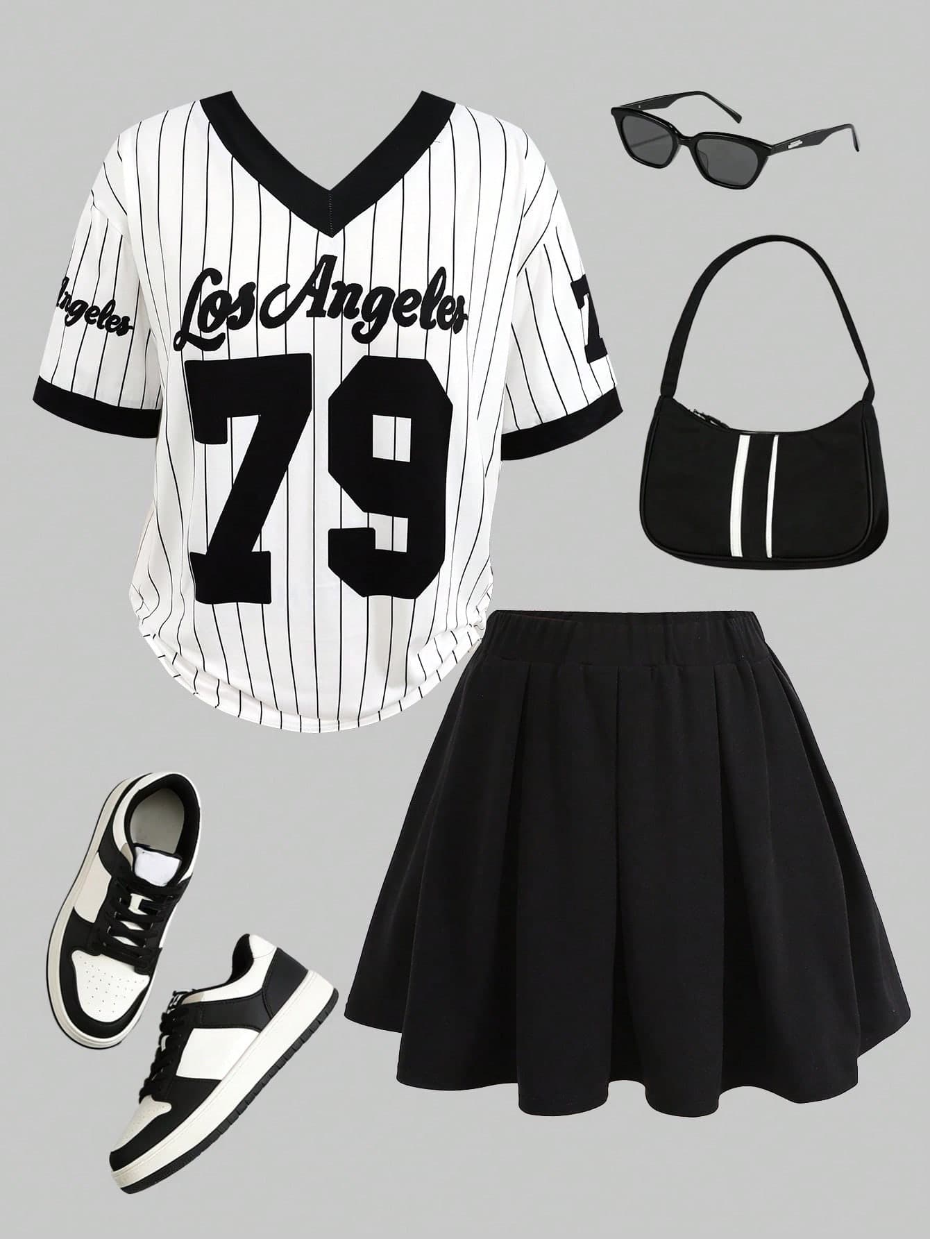 Girlism Teen Girls Black And White Numeral Print V-Neck Short Sleeve T-Shirt & Pleated Skirt 2 Piece Set,Summer Holiday Sport Back-To-School Baseball Outfit