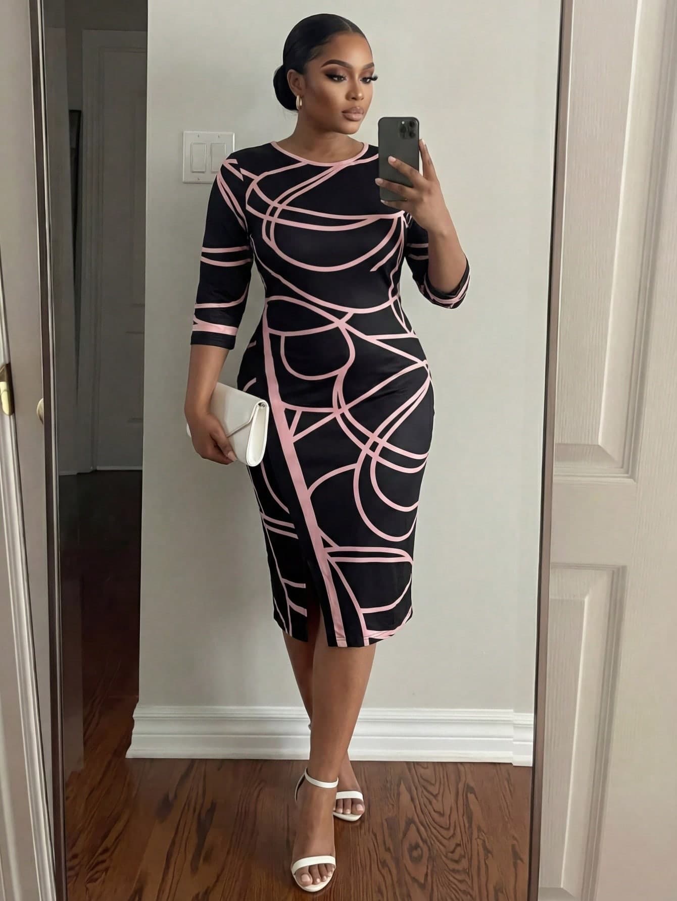 SHEIN Lady CURVE Plus Size Round Neck Allover Print Split Summer Elegant Dress Fall