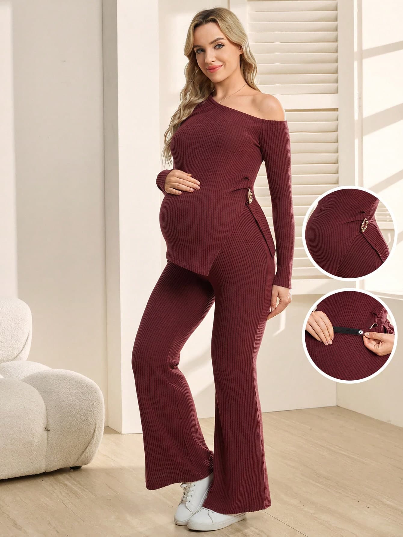 SHEIN 2pcs Maternity Elegant Solid Color Asymmetric Neck Side Slit Top And Pants Set
