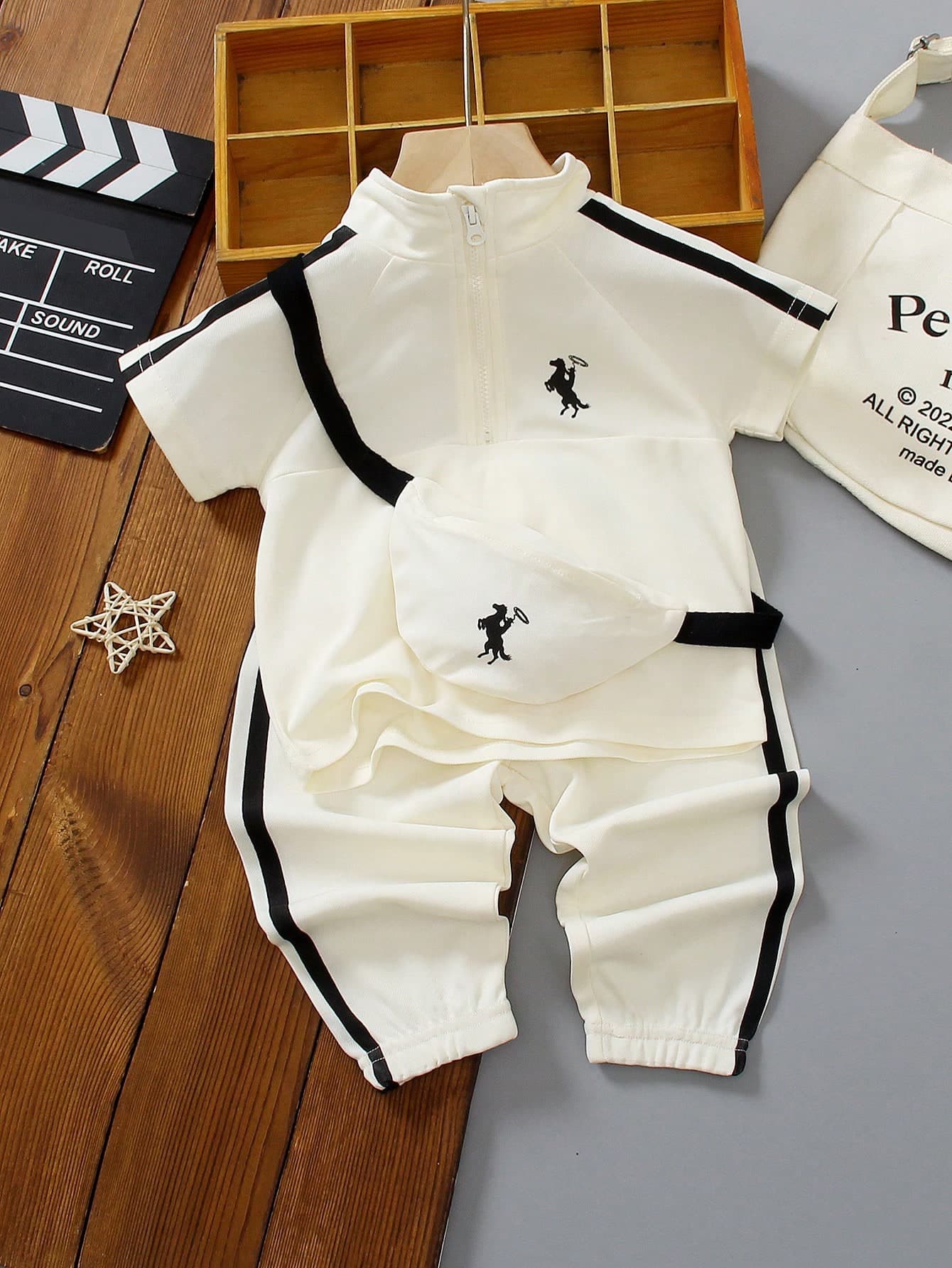 SHEIN 2pcs Toddler Baby Boy Polo Shirt & Pants Set Off-White Summer Casual Beach Outfit Half-Zip Stripe Trim Top With Matching Bag Athletic Wear Tracksuit