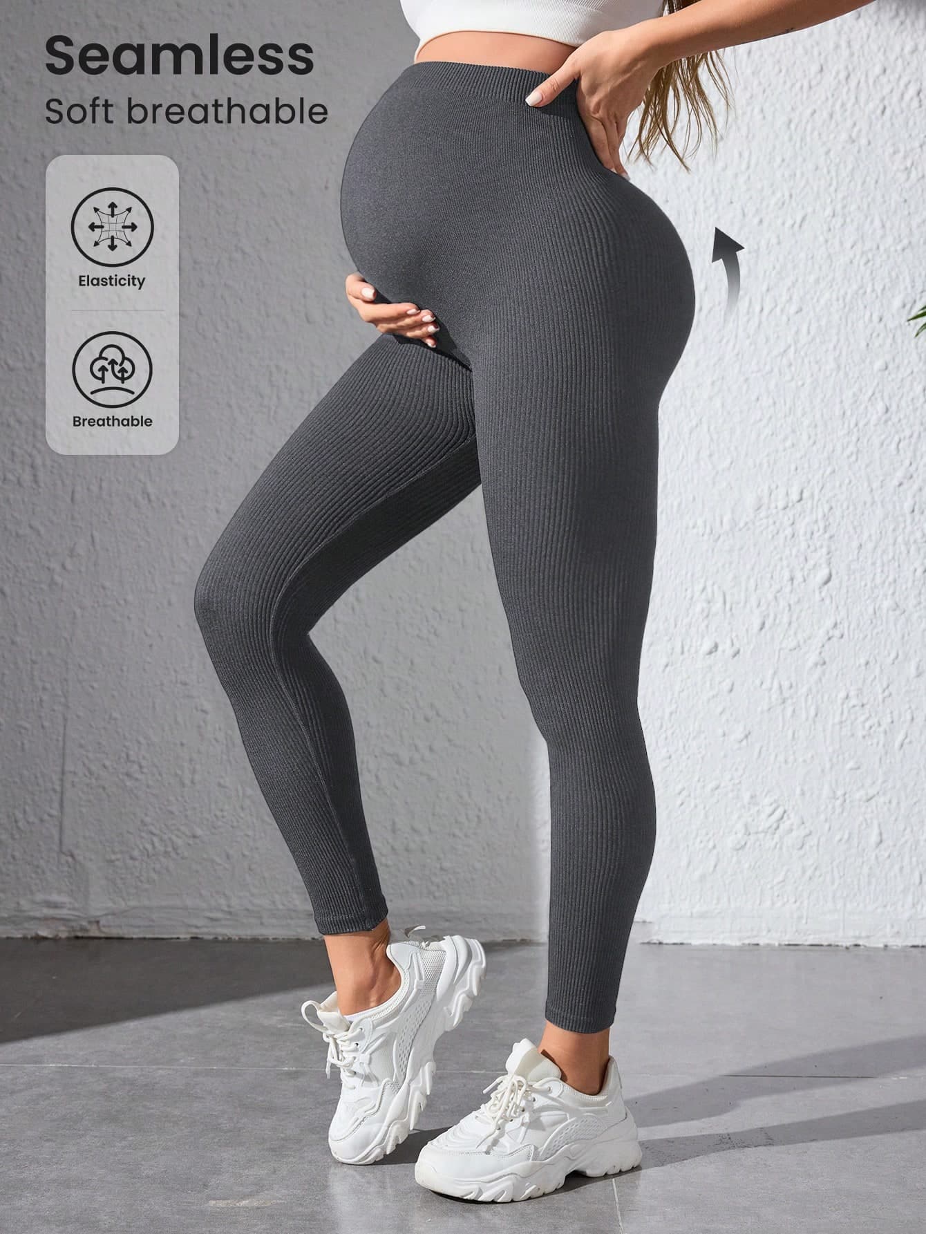 SHEIN Maternity High Waist Slim Fit Seamless Leggings, Dark Grey