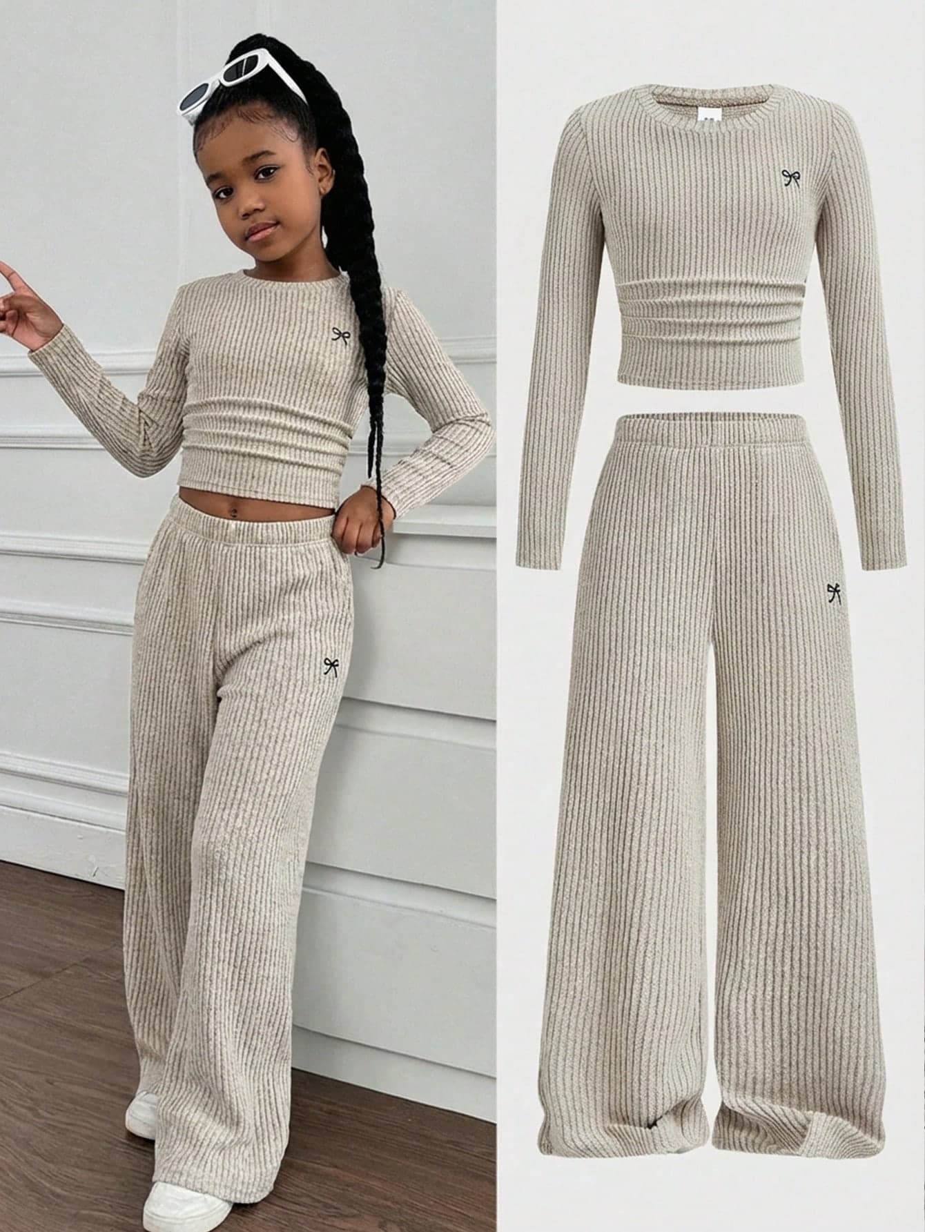 SHEIN Tween Girls Versatile Bow Pattern Long Sleeve Top And Pants 2 Pieces Set, Light Grey