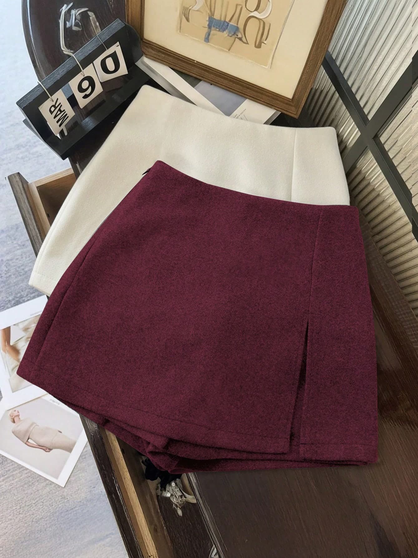 Franclia Double Layer Split Hem Woolen A-Line Anti-Flashing Thick Skort