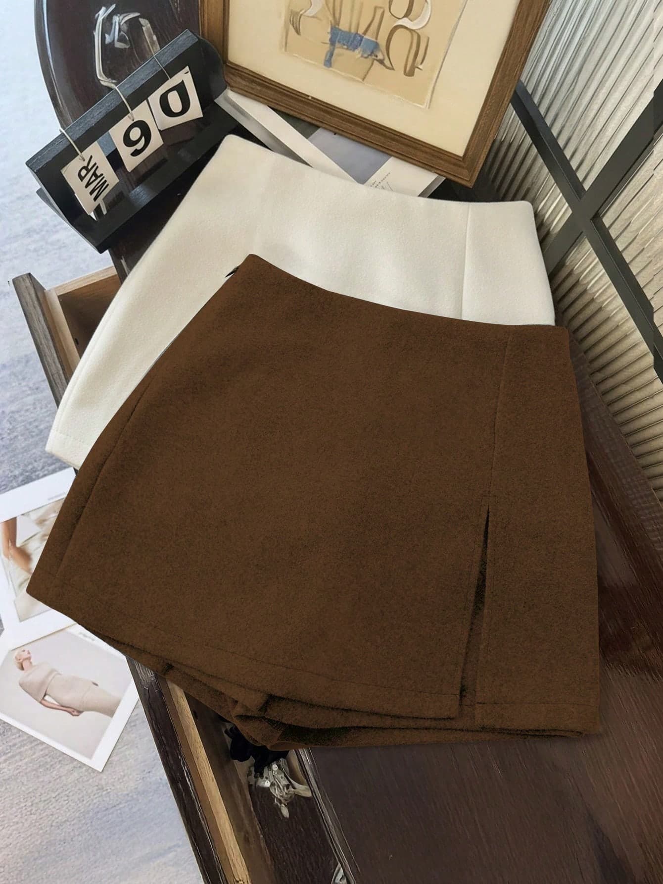 Franclia Women's Solid Color Double-Layer Split A-Line Skirt Pants, Minimalist Design, Thick Fabric, Anti-Exposure