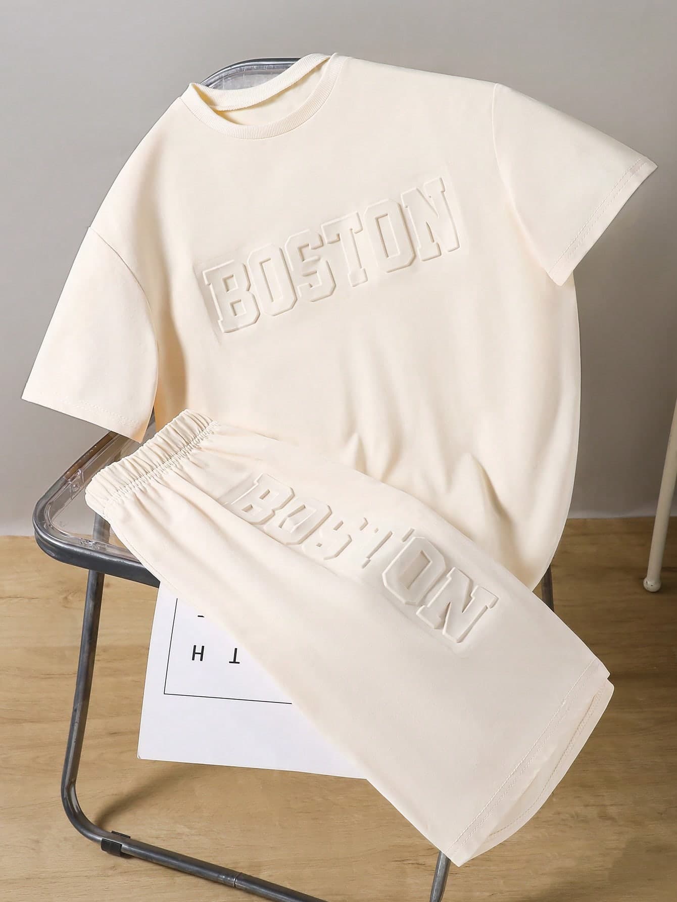 Mirajuku 2pcs Teenage Boys'beige Summer Streetwear Graduation Back-To-School Boston Print Set,Turquoise Casual Fashion Sports Short Sleeve T-Shirt&Shorts Set