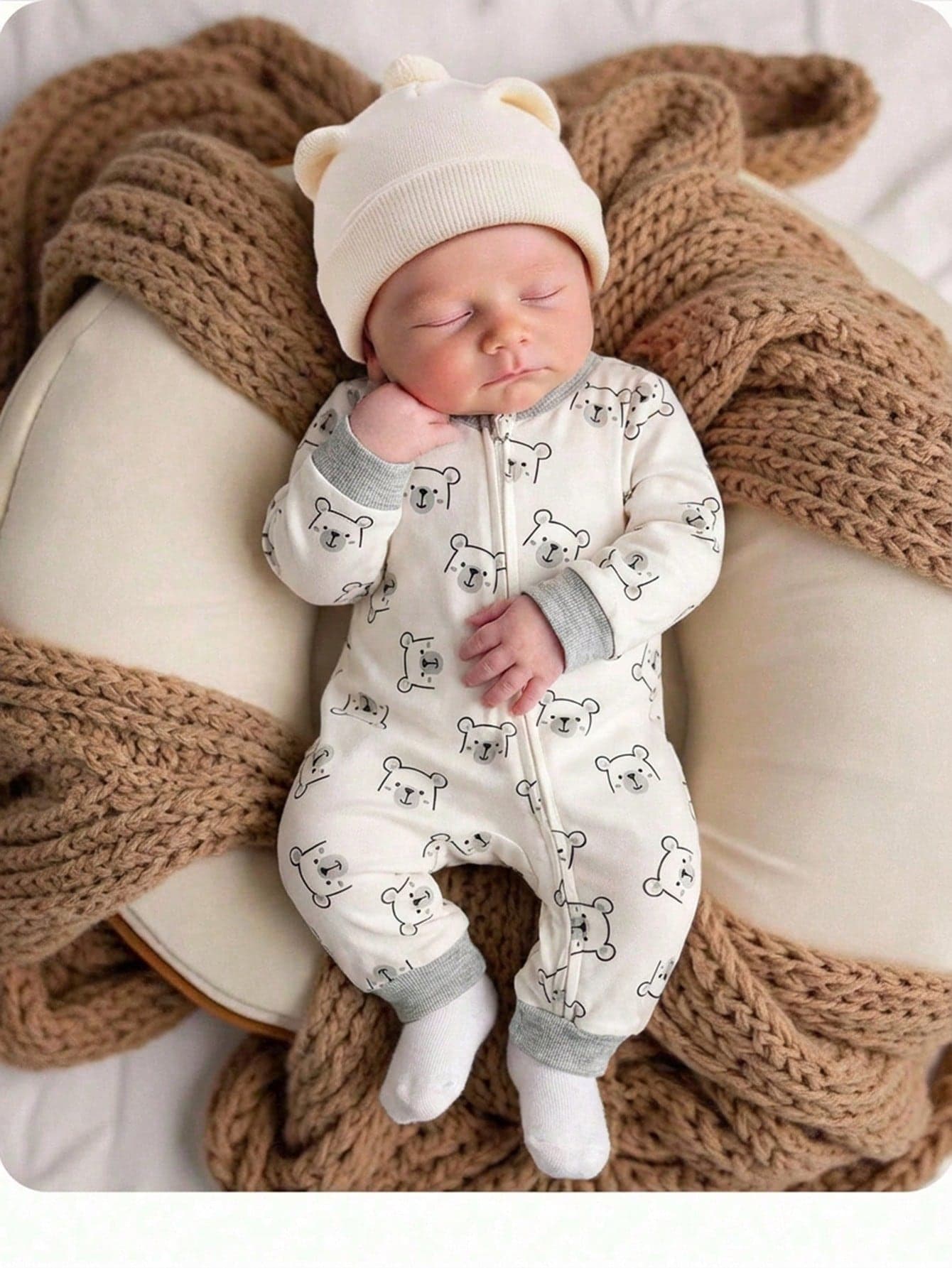 Newborn Baby Girl Cute Cartoon Pattern Knitted Long Sleeve Romper Casual Zipper Jumpsuit With For Boy Fall Suit Bear Print Pajamas