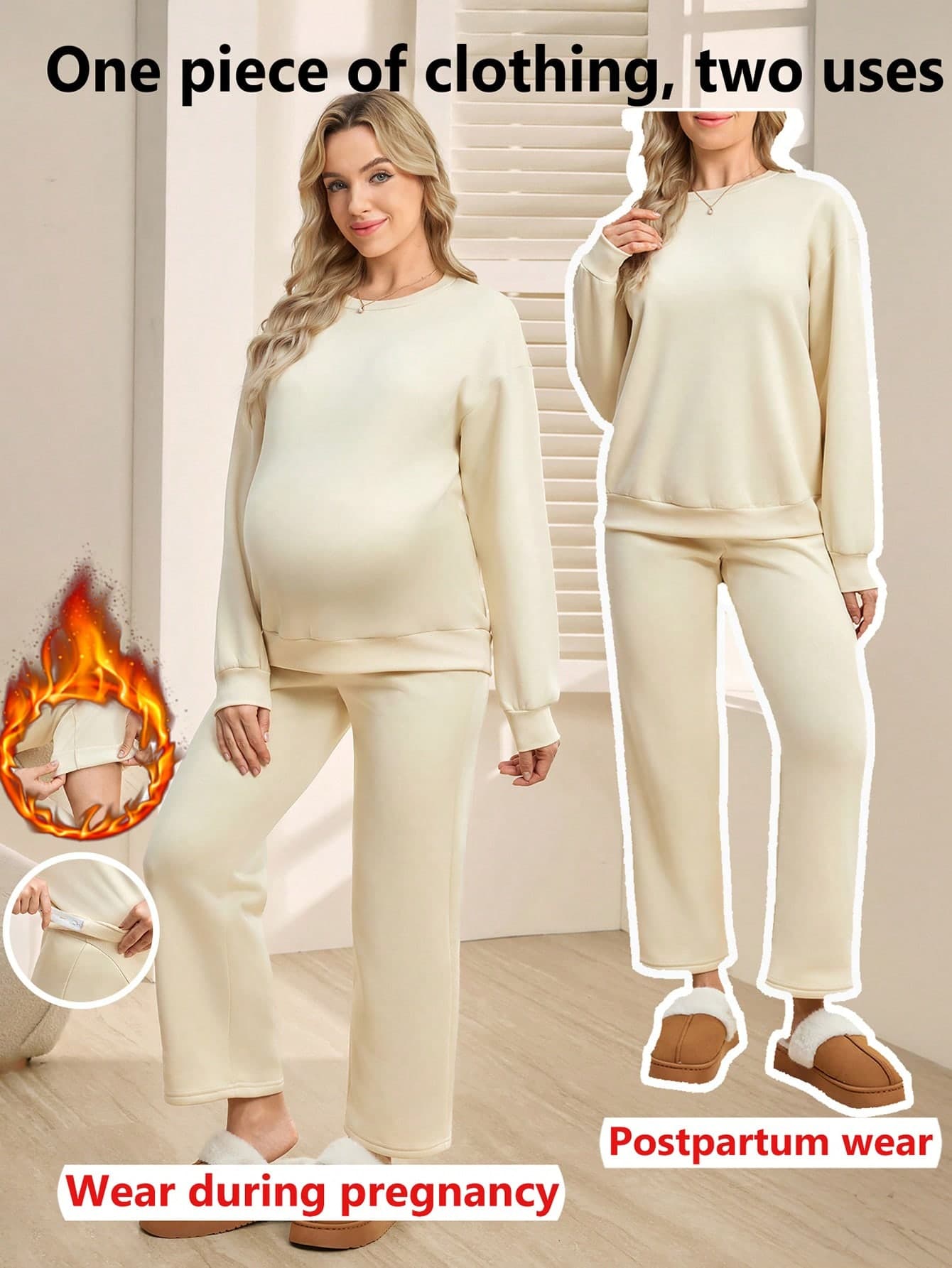 SHEIN Maternity Long Sleeve Top And Pants Set, Light Color, Autumn/Winter