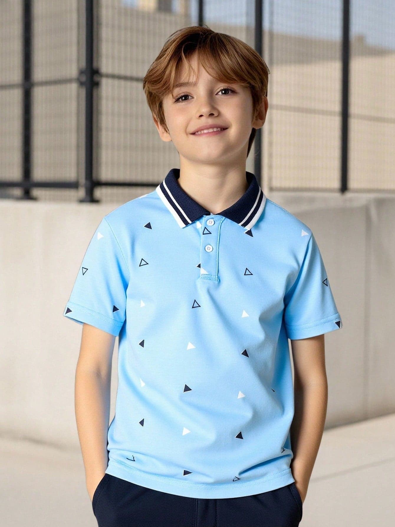 SHEIN Vacaura Tween Boy Casual Contrast Collar Geometric Print Polo Shirt, Summer