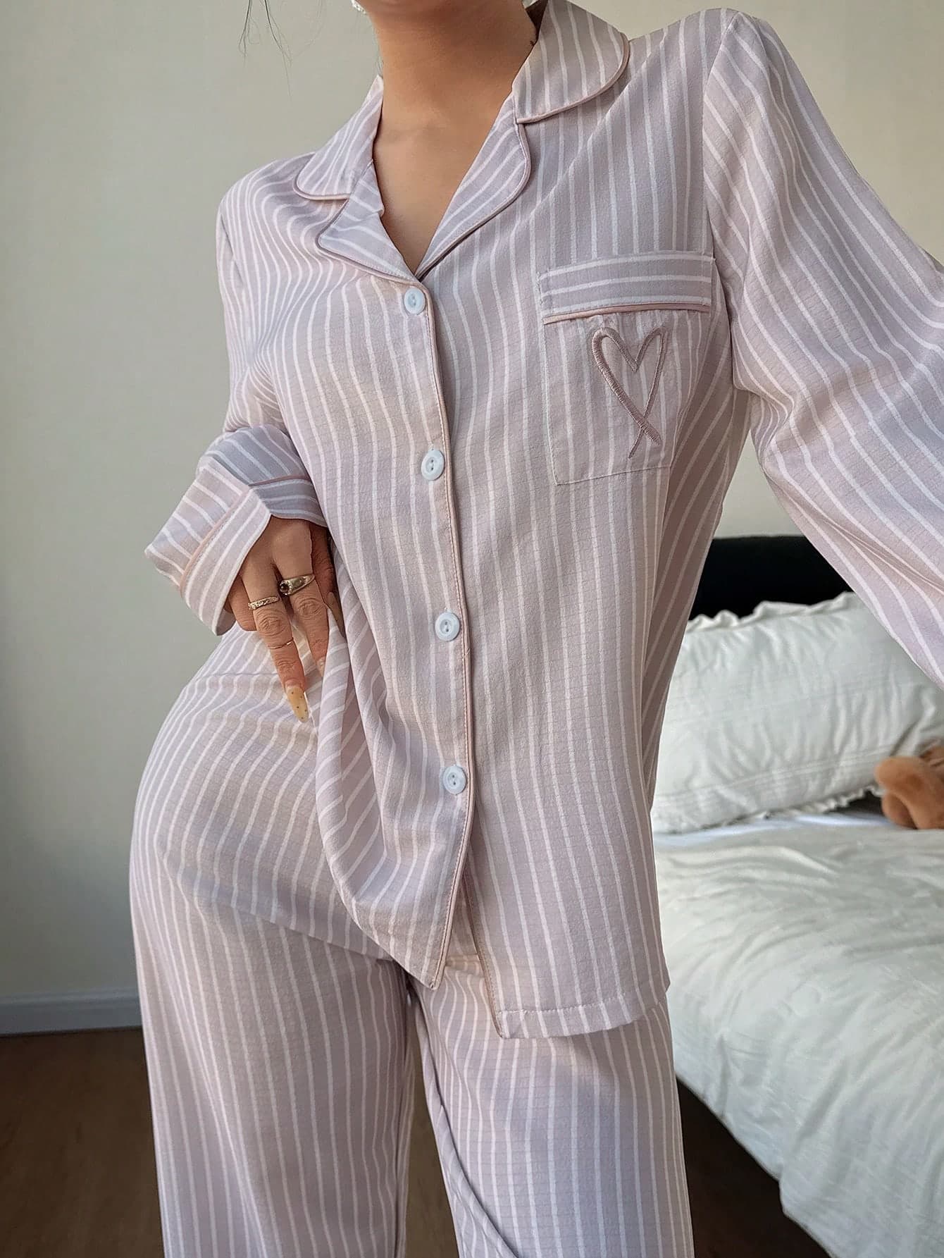Casual Women's Baby Pink Striped Long Sleeve PJS, Woven Fabric Sleepwear With Collar, Pockets, And Matching Long Pants Soft PJS Button Up PJS