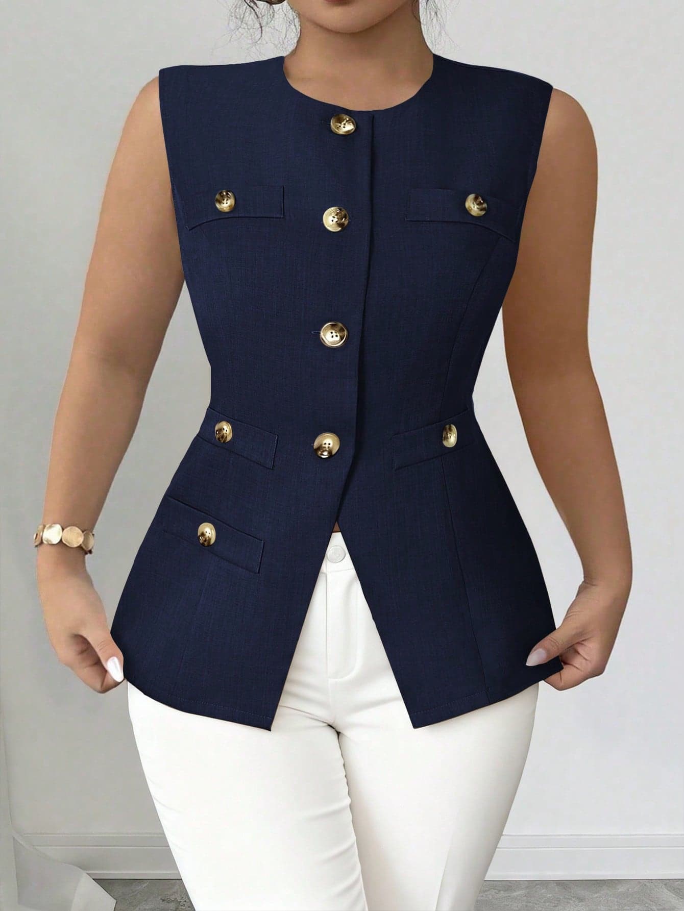 Elenzga Women's Plus Size Woven Navy Blue Summer Elegant Formal Work Jacket,French High-End Minimalist Open Front Fitted Waist Sleeveless Sophisticated Vest