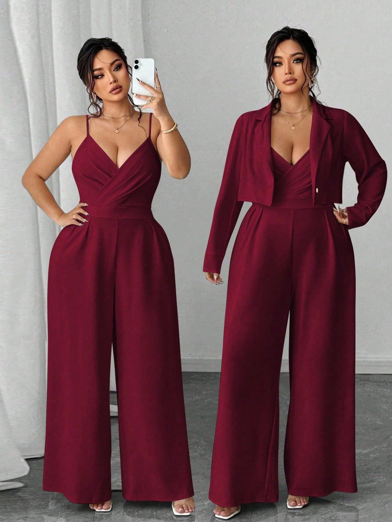 Elenzga Plus Size Women's Elegant Minimalist Business Blazer Jacket & Sleeveless Cinched Waist Wide Leg Jumpsuit Two Pieces Set, Burgundy