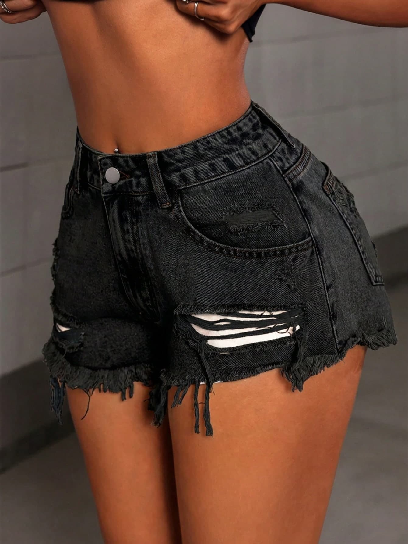 SHEIN Tall Women's Fashion Casual Grunge Distressed Pocket Denim Shorts Ripped Black Jean Y2k Tall Everyday Summer