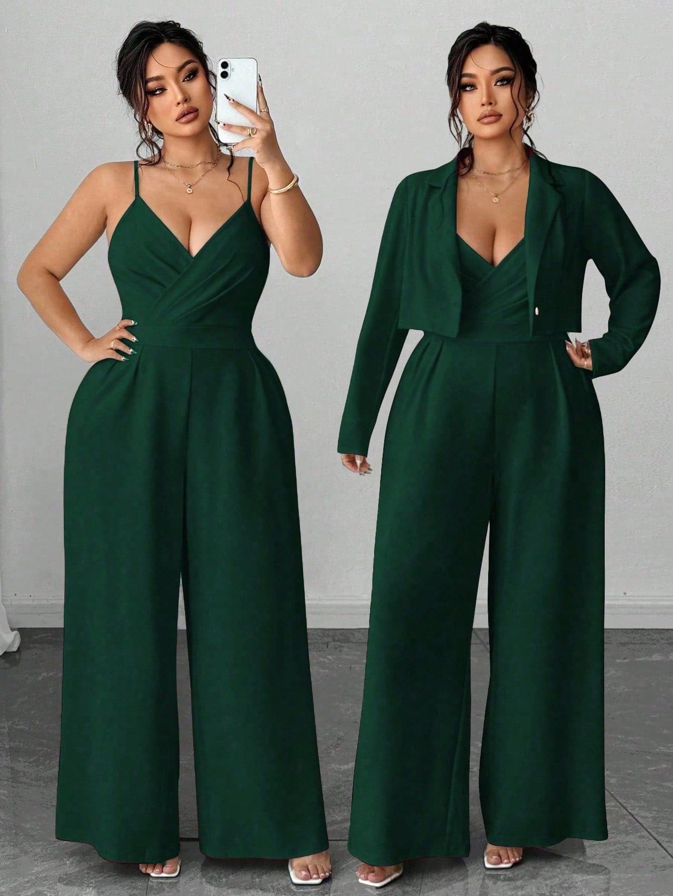Elenzga Plus Size Women Elegant Minimalist Dark Green Autumn Dinner Business Commute Blazer Jacket And Sleeveless Cinched Waist Wide Leg Jumpsuit 2 Pieces Set