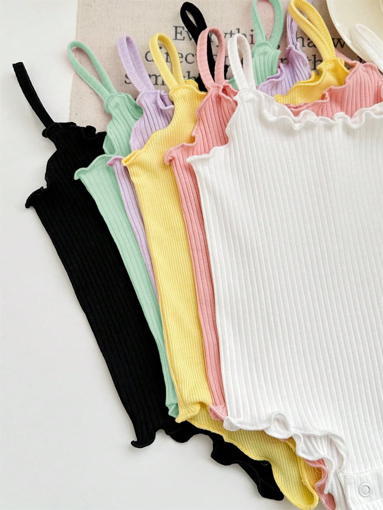 6pcs/Set Newborn Baby Girl Cute Casual Solid Color Knitted Bodysuit Outfit, Summer