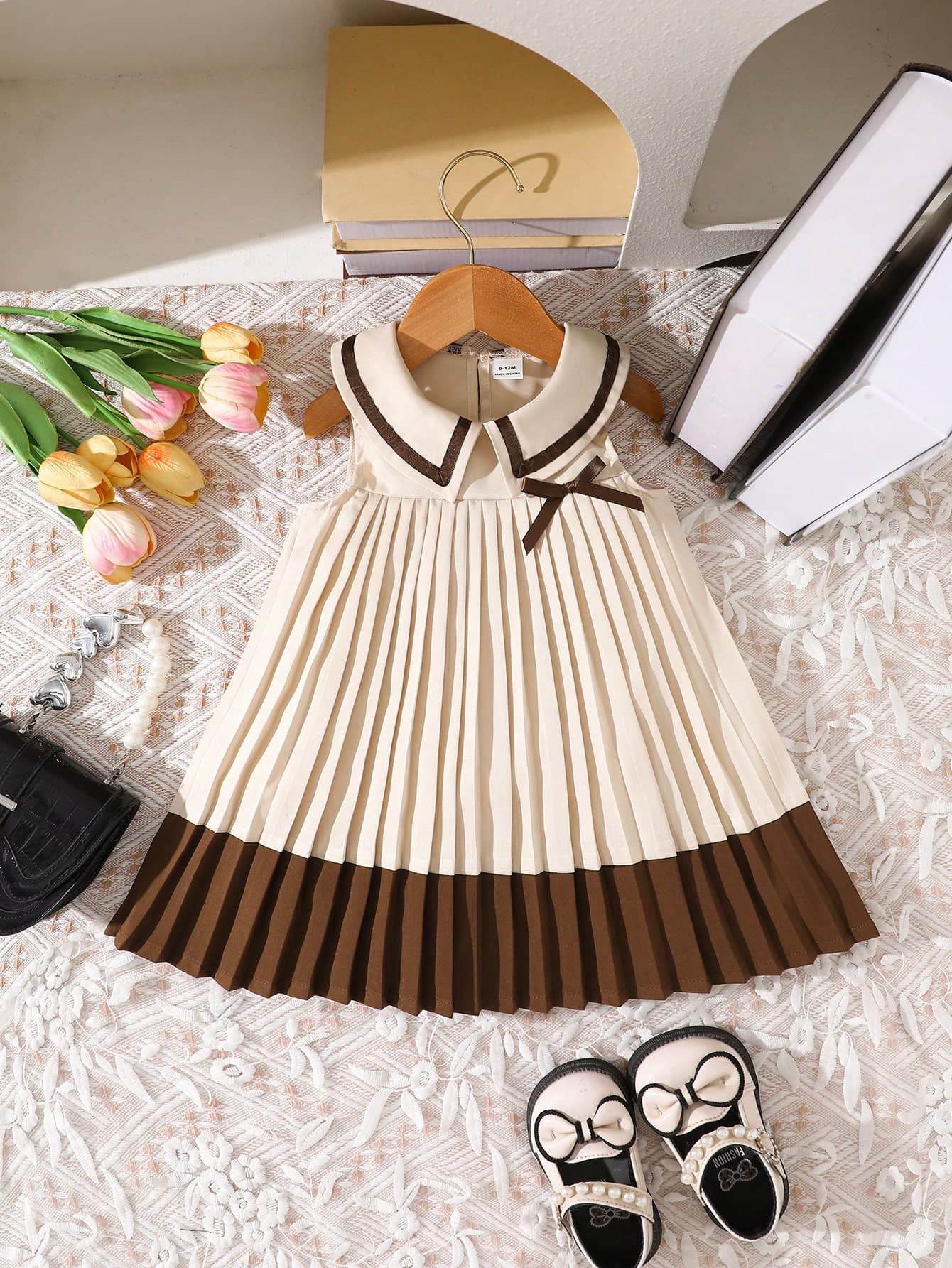 SHEIN Playful Pals Baby Girls Casual Cute Colorblock Pleated Dress