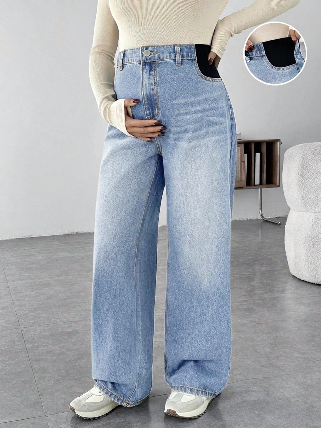 SHEIN Maternity Casual Loose Wide Leg Jeans, Blue