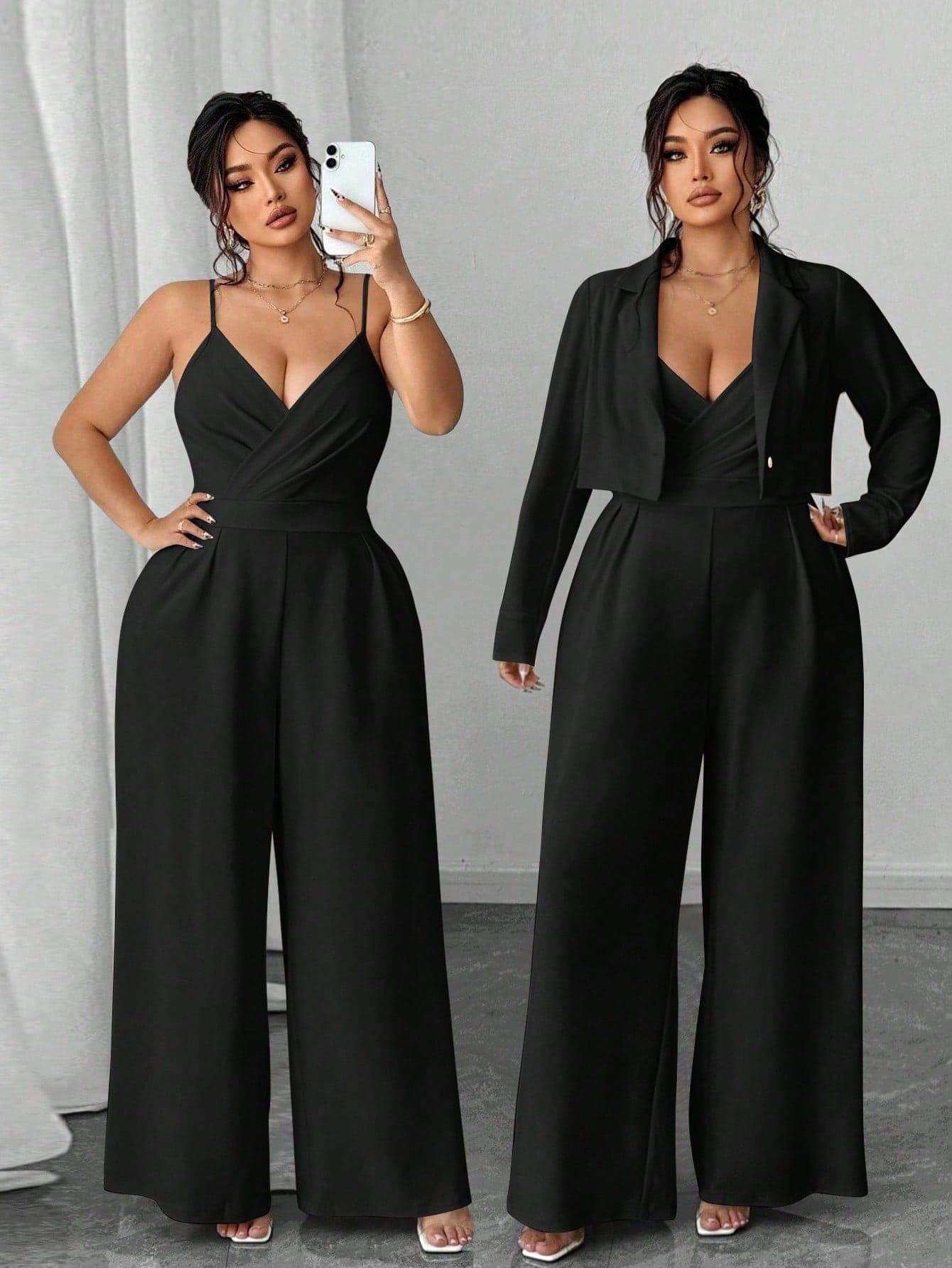 Elenzga Plus Size Women Elegant Minimalist Business Commute Blazer Jacket And Sleeveless Cinched Waist Wide Leg Jumpsuit 2 Pieces Set