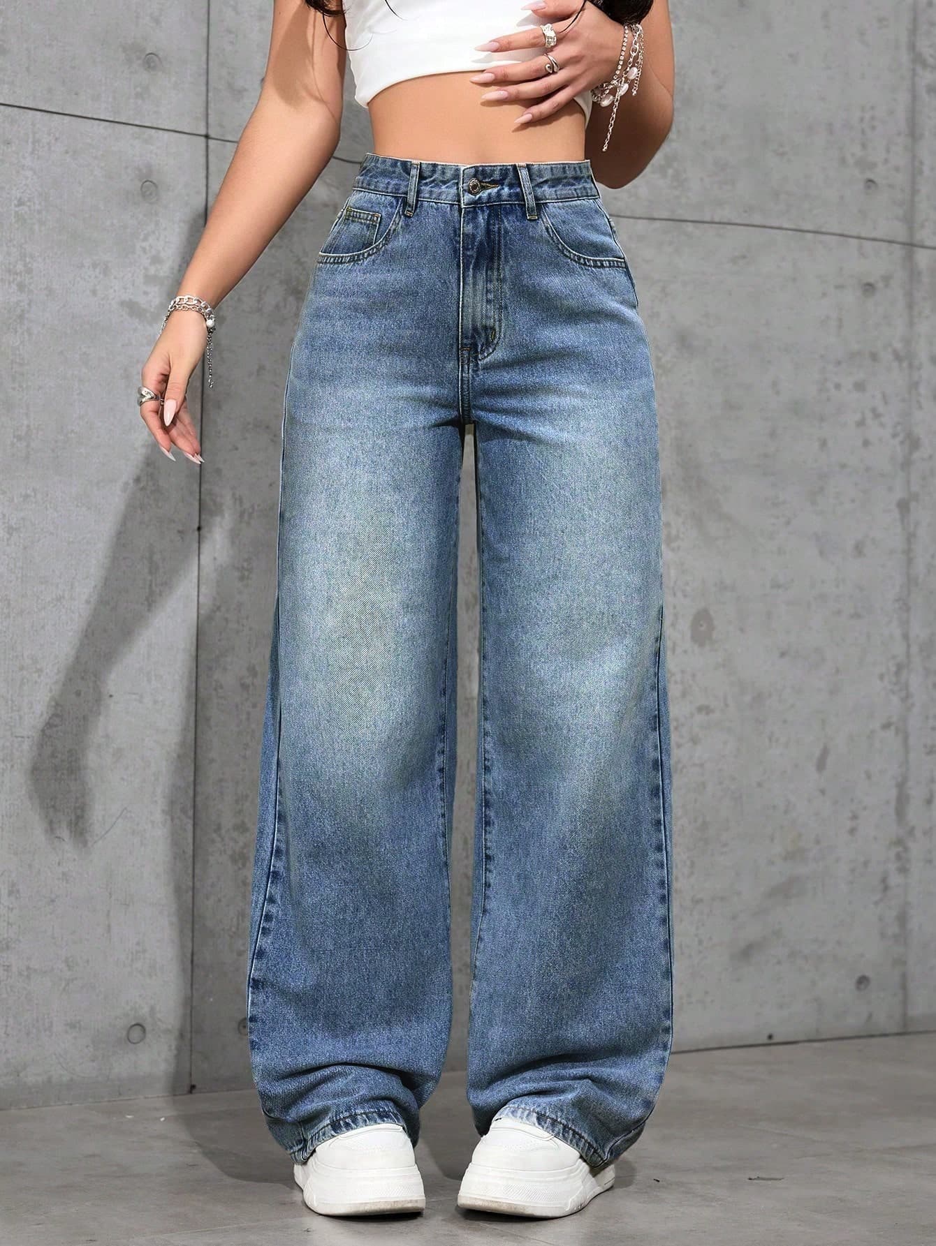SHEIN Unity Women's High Waist Pocketed Wide Leg Loose Casual Versatile Denim Pants
