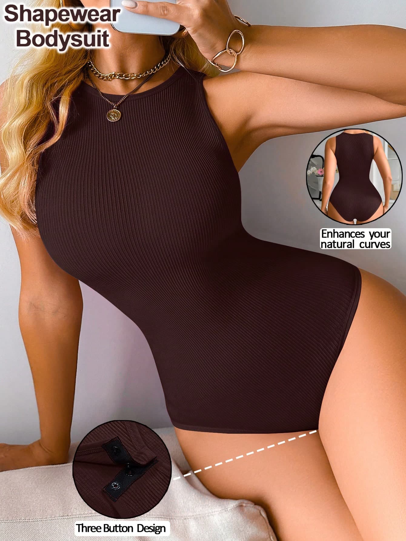 Women Casual Solid Color Crew Neck Sleeveless Body Suit , Briefs With Buckle Design ,Ribbed Tummy Control Seamless Tank Top Bodysuit