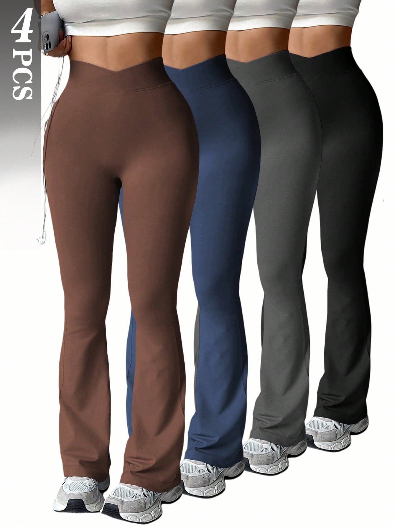 Velisys 4pcs/Set Women's High Waist Flare Yoga Pants,Seamless Knit Elastic Waist Lifting Stretchy Tight-Fitting Dancing Sports Sweatpants