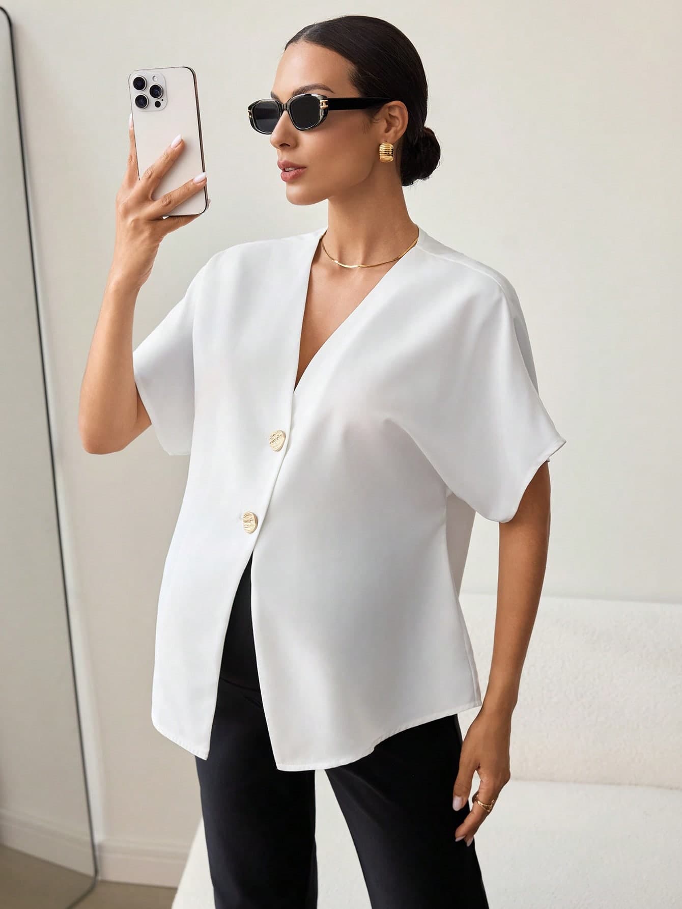 MaterniWear Maternity Summer Women Office Business Work Elegant Solid Color Casual Short Sleeve Shirt Old Money Style White Blouse Top V Neck For Asymmetrical
