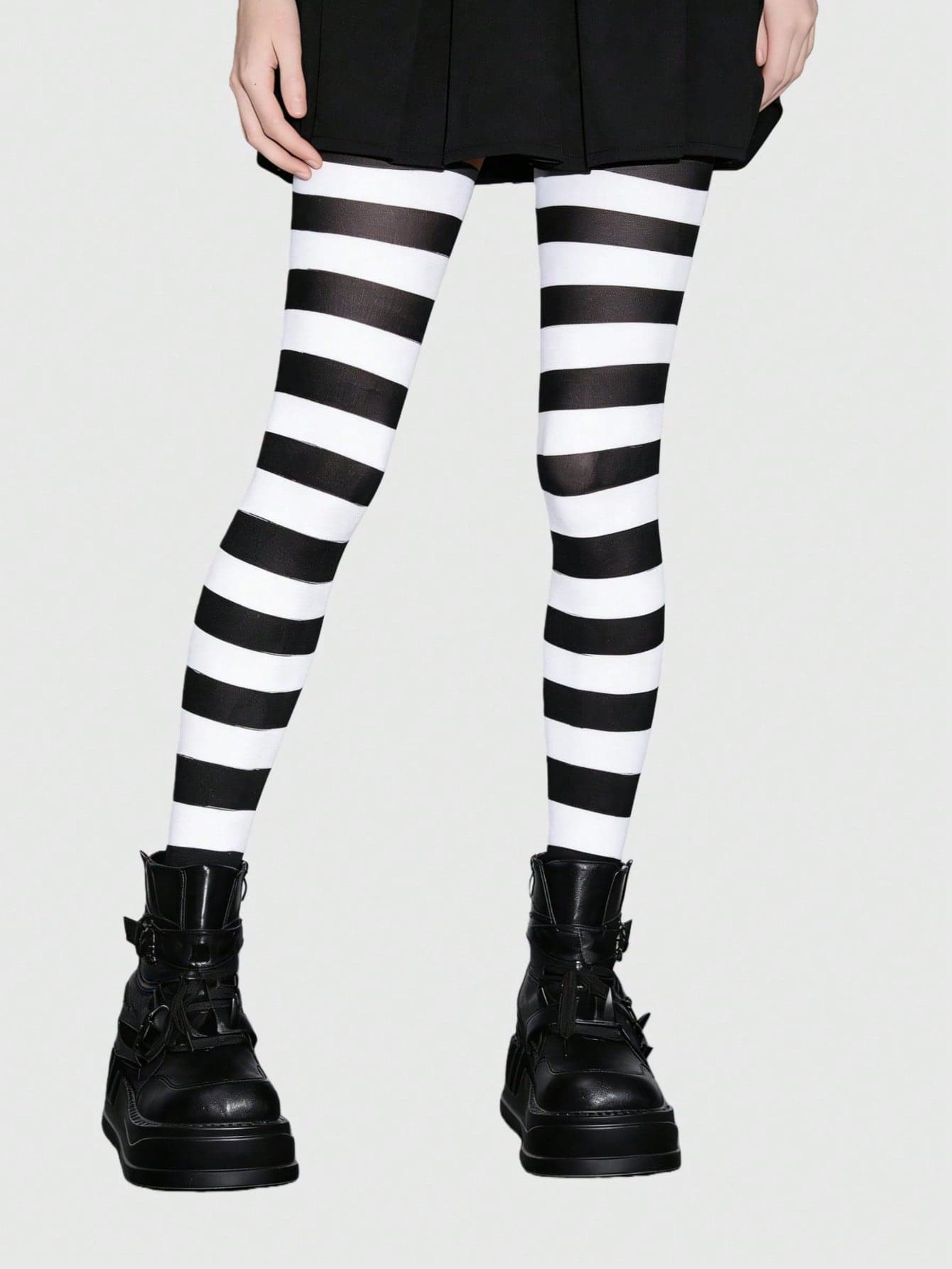 ROMWE Grunge Punk 1 Pair Gothic Style Black & White Striped Tights