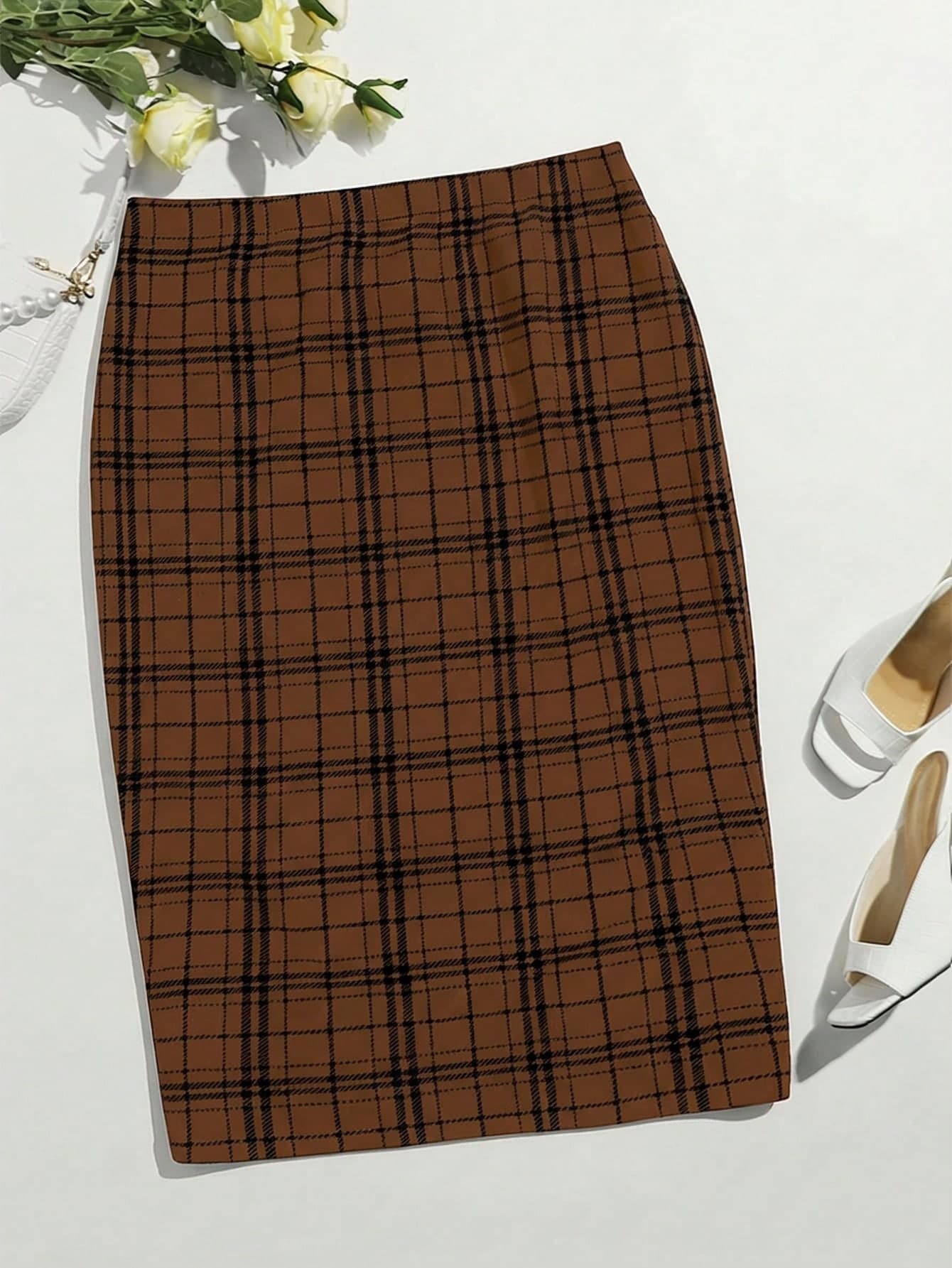 SHEIN Clasi Plus Size Women Plaid Elegant Bodycon Skirt/Winter Office Skirt Pencil Skirt For Women Brown Skirt Plaid Skirt Women Checkered Skirt