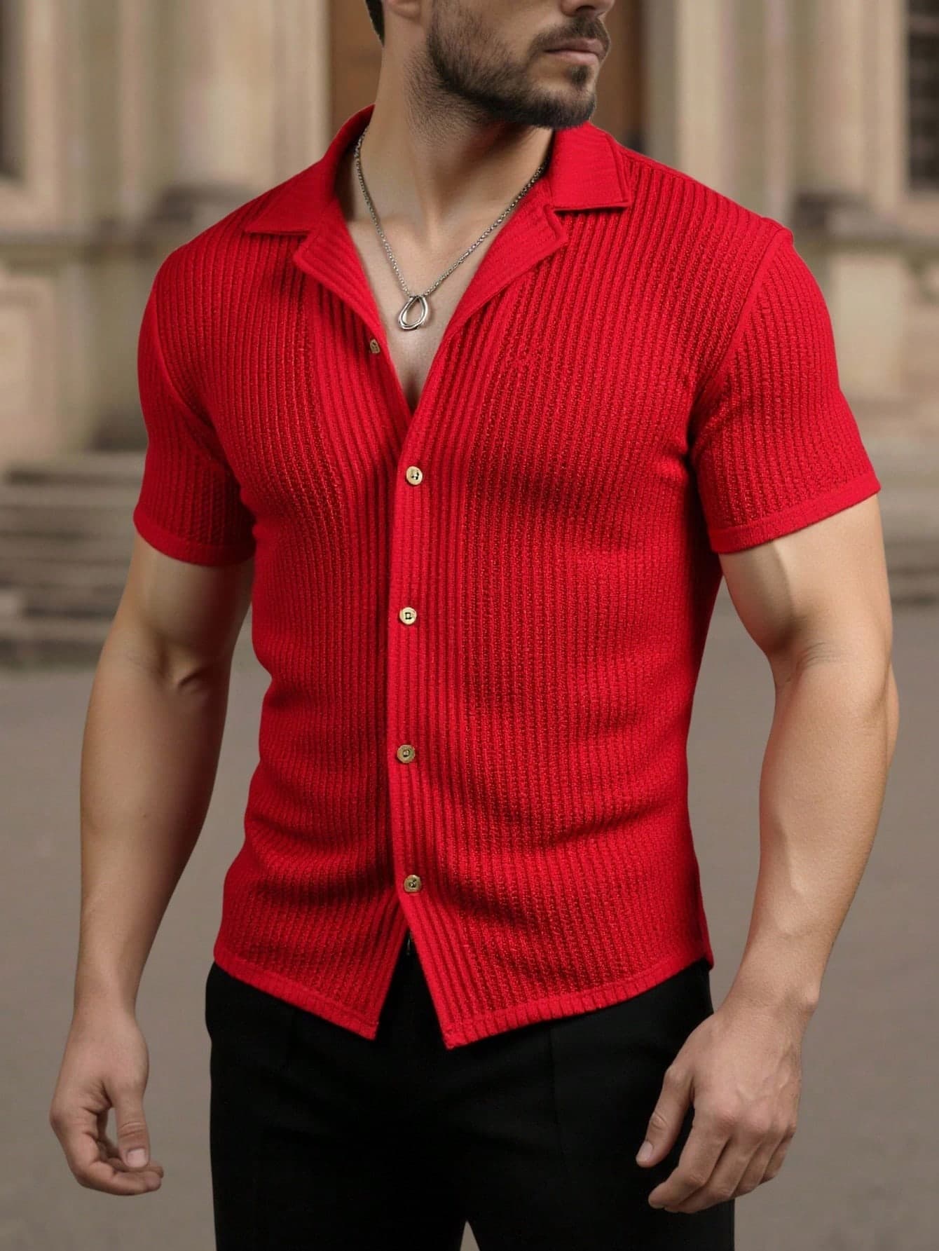 Manfinity VCAY Men's Casual Short Sleeve Shirt,Summer Vertical Pleated Textured Button Down Top,Relaxed Fit Camp Collar Beach Vacation Blouse,Non-Iron Travel Shirt