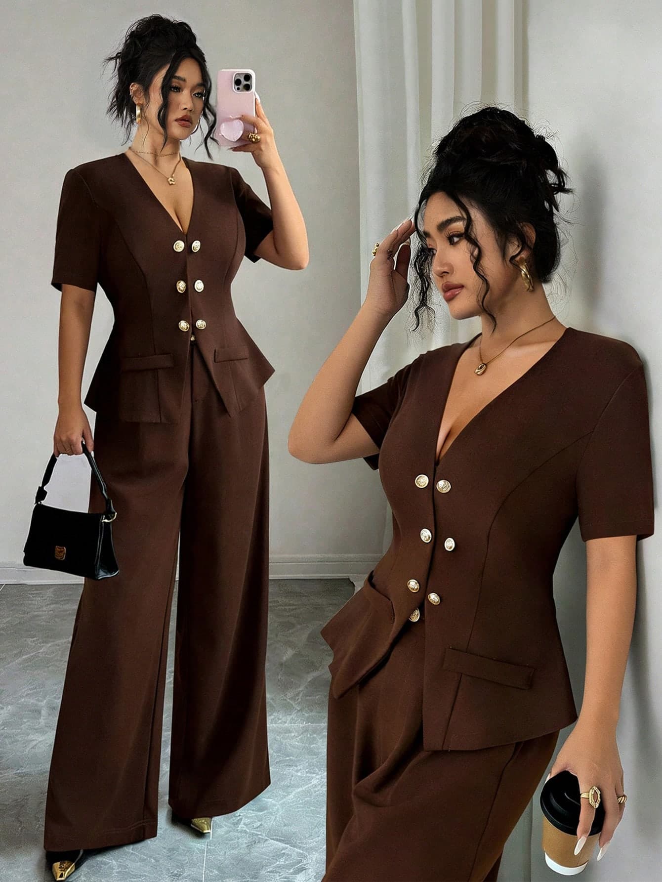 Elenzga Plus Size Women's French Style Casual Elegant Formal Brown Summer Short Sleeve Top And Pants 2-Piece Set,Pantsuit For Women,Elegant Jumpsuit Style