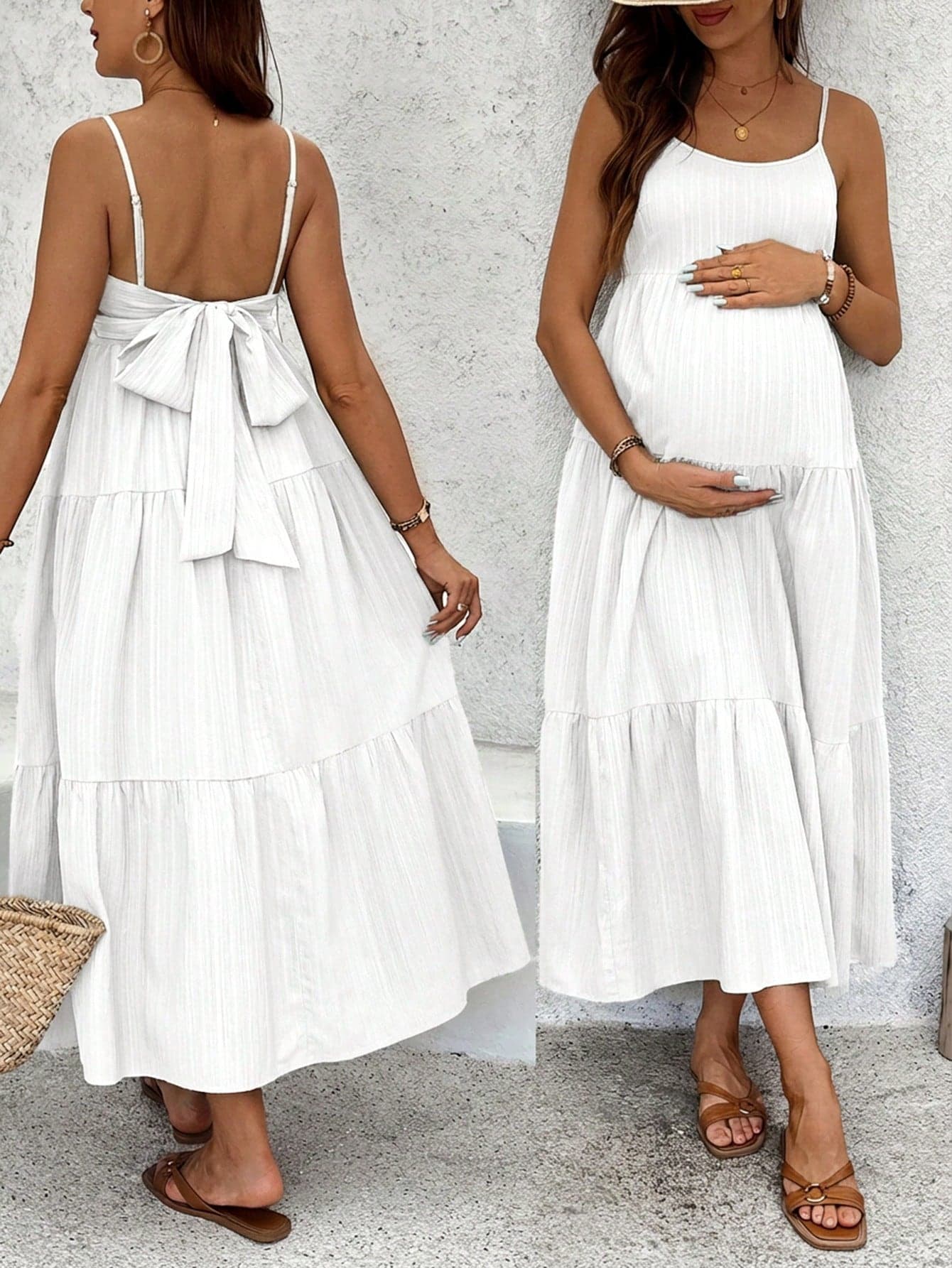 SHEIN Maternity Solid Color Bowknot Decor Cami Dress