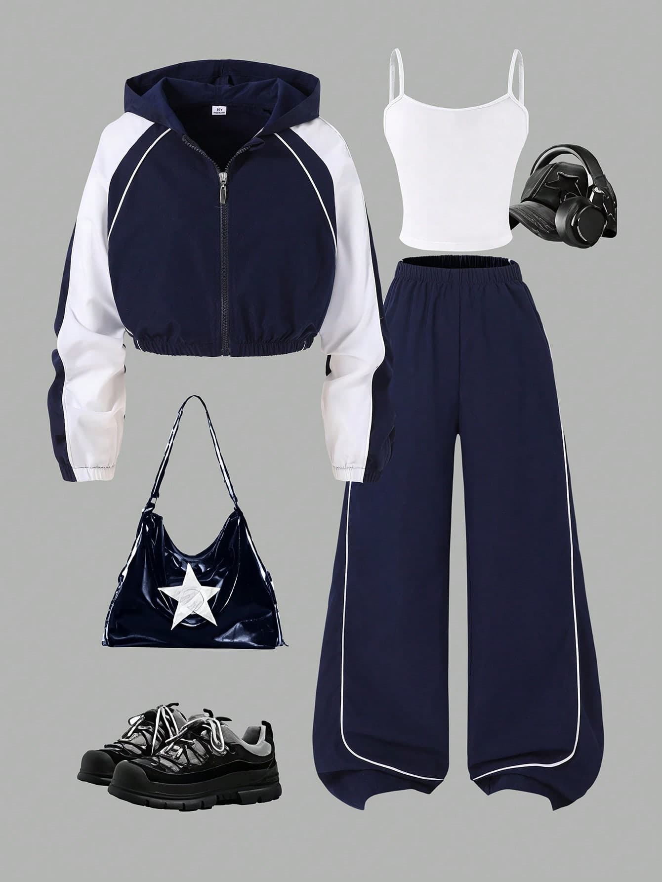 SHEIN 3pcs/Set Tween Girl Casual Outfit, Includes: Hooded Zip-Up Short Jacket With Ribbed Trim, White Camisole, And Wide Leg Pants, Autumn Ensemble