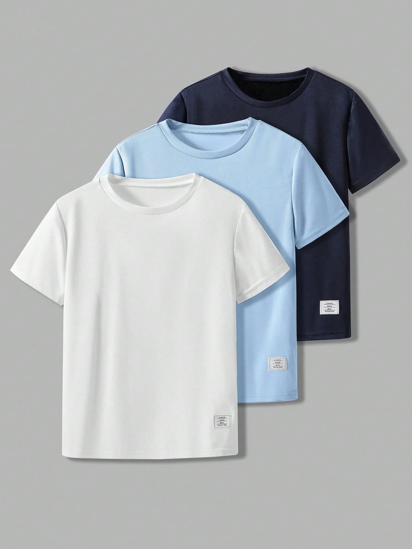 SHEIN Vacaura 3pcs/Set Boys' Crew Neck Short Sleeve T-Shirts With Graphic Decor, Spring/Summer Boys T Shirts Pack Basic Tees Solid Color Tops Kids